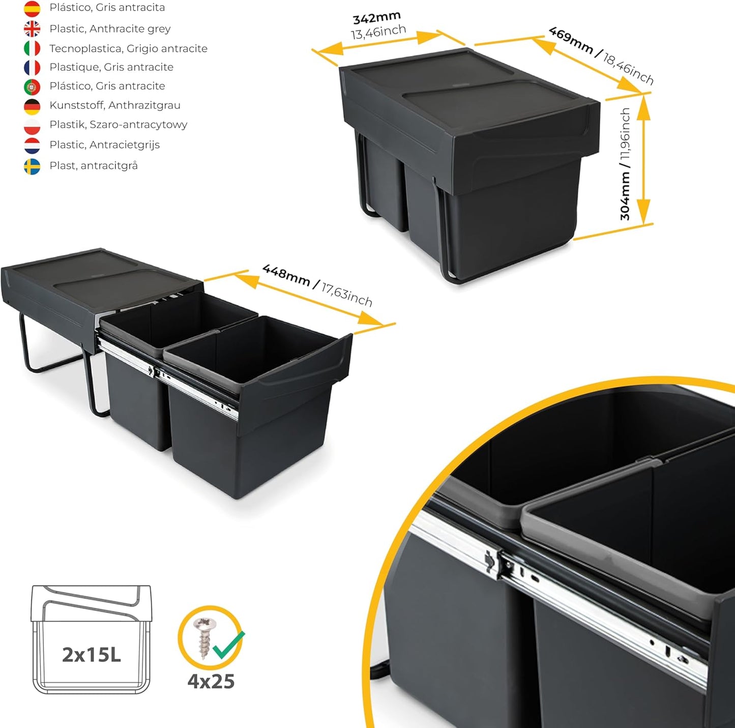 Recyclingbehälter mit Handauszug, Schwarz 2x15 L Küchenabfallbehälter (Bodenbefestigung)