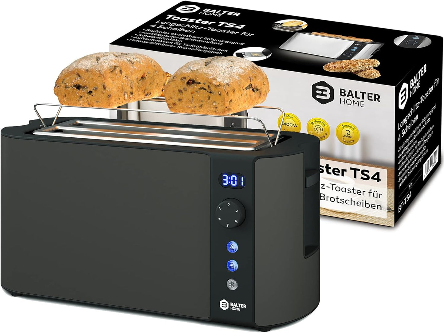 Toaster mit Langschlitz und LCD-Anzeige, Grau