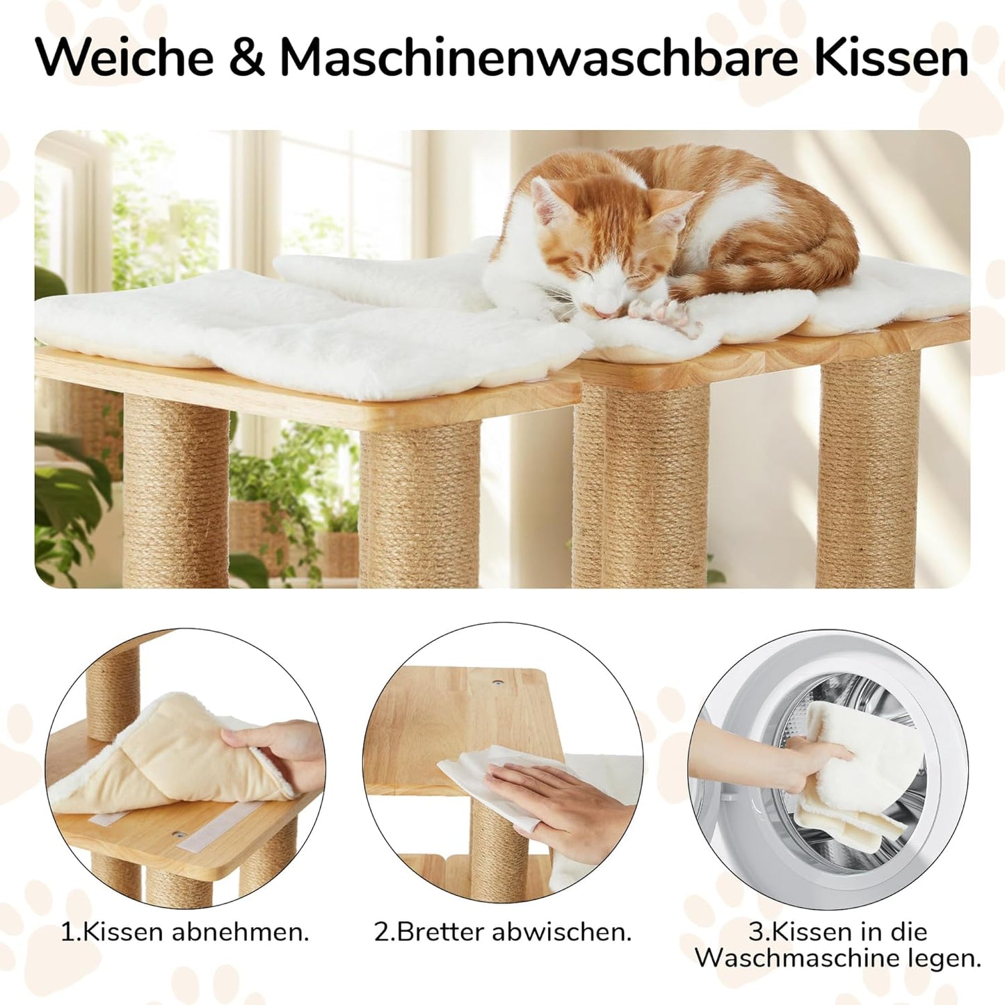 Haustiertreppe mit 3 Stufen, bis 90 kg belastbar, Gummiholz - Weiss Plüschkissen