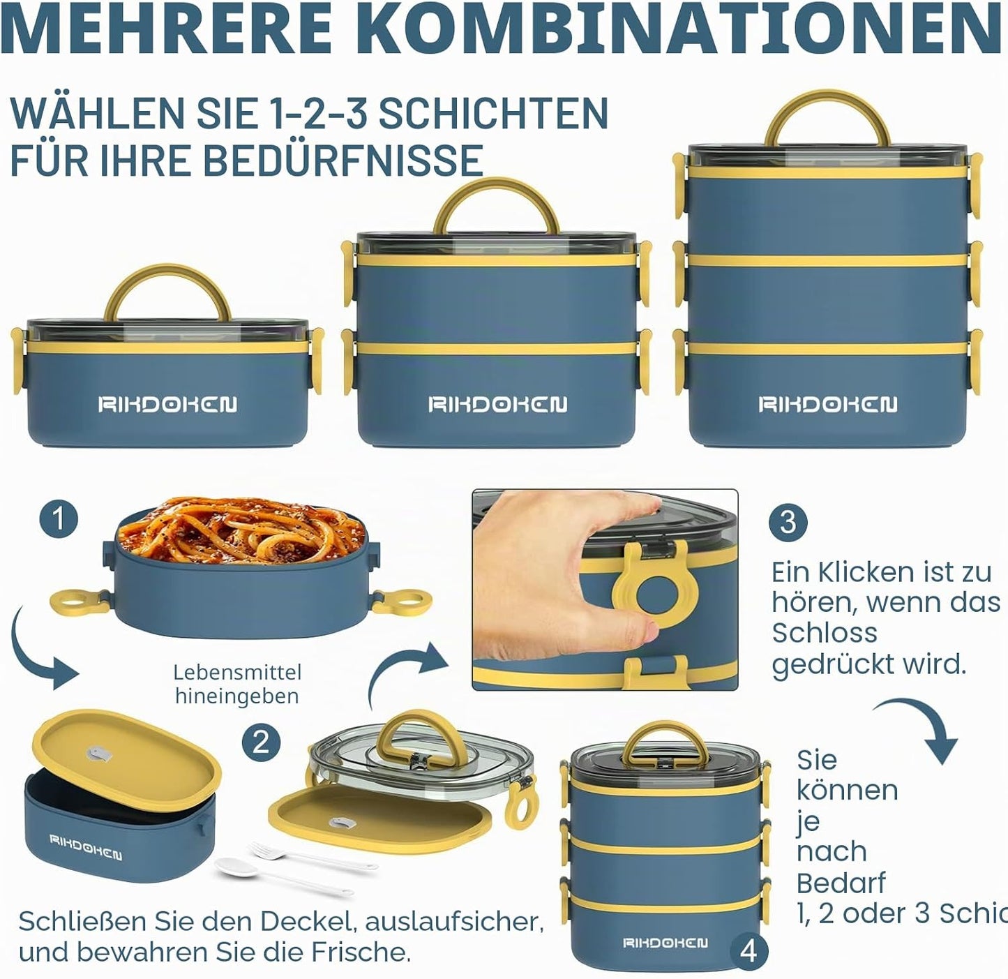 Stapelbare Bento Lunchbox (3-lagig, 2.6 l), Blau