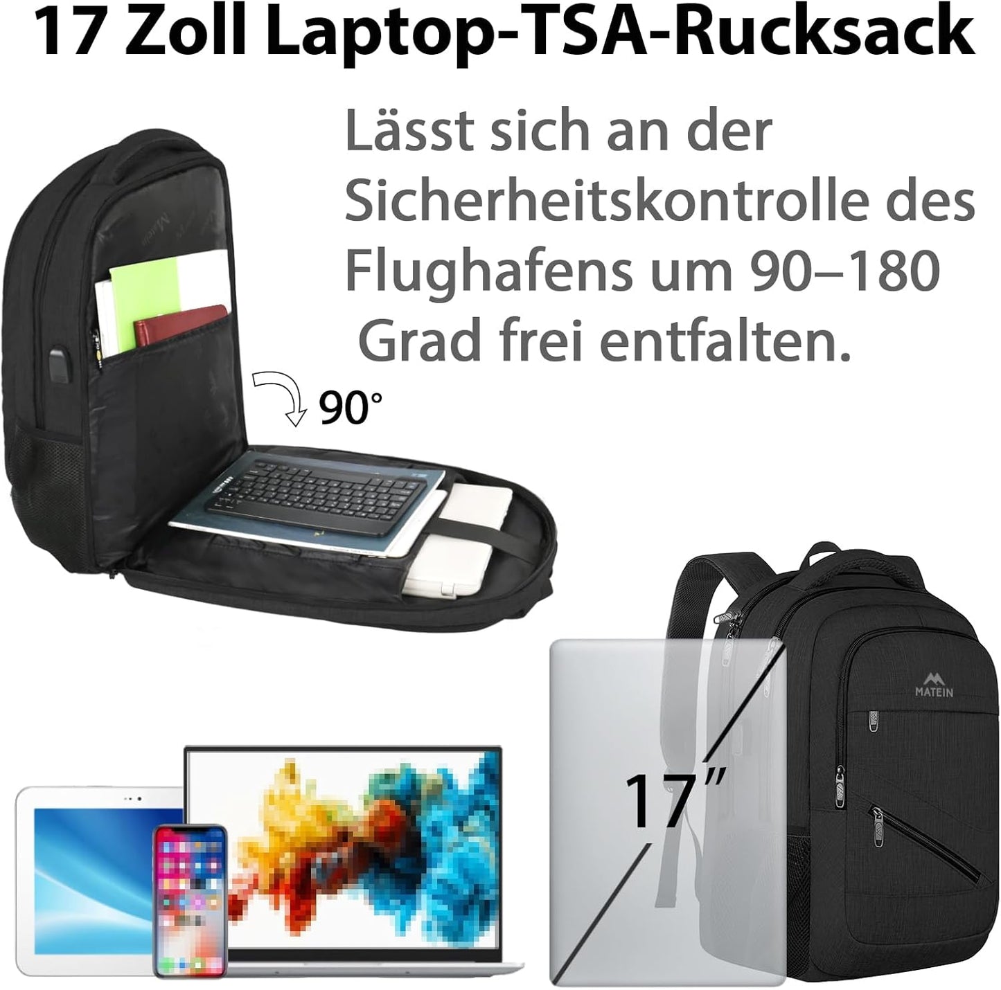 Laptop-Rucksack 17 Zoll mit USB Ladeanschluss, 17.3 zoll Schwarz