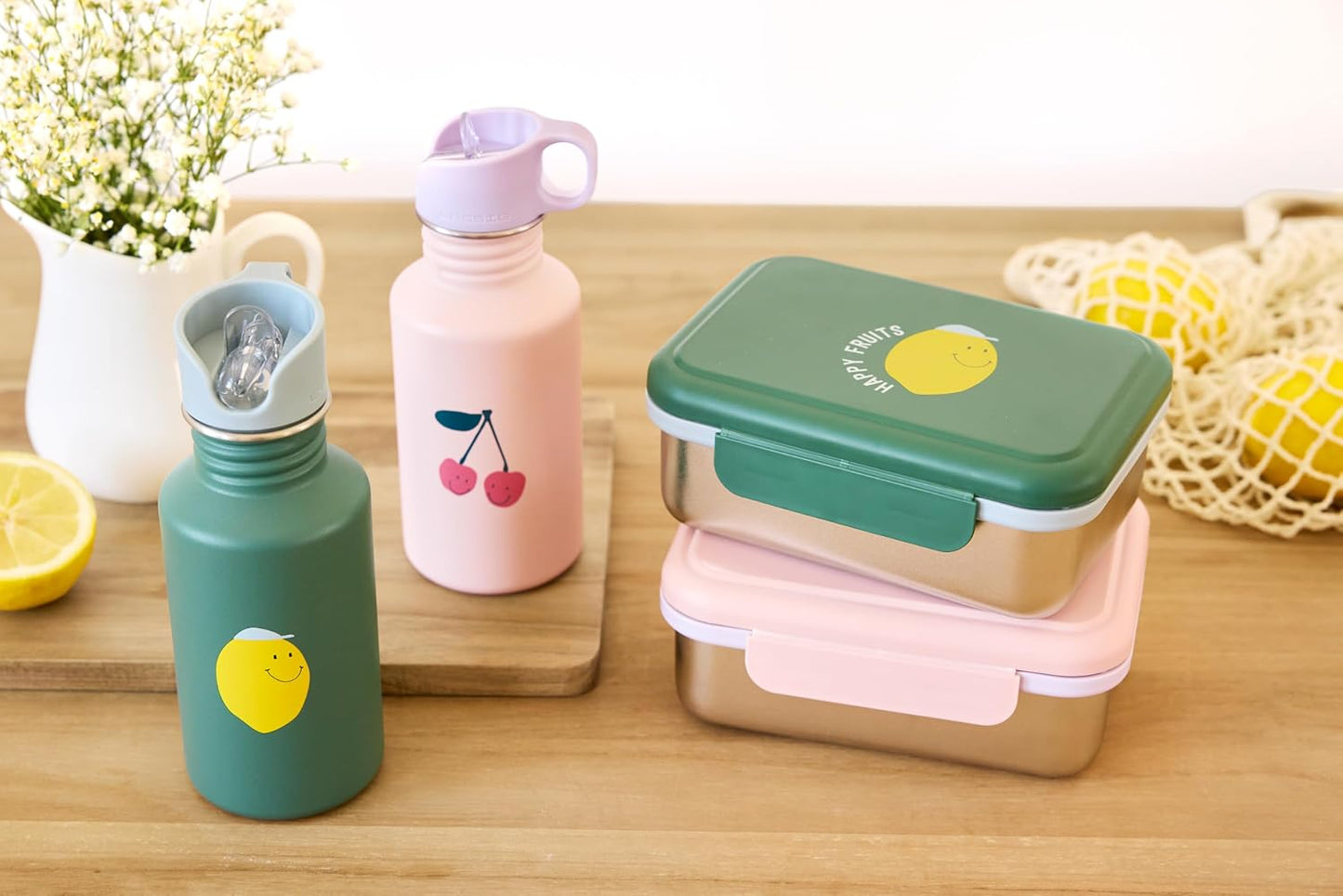 Kinder Brotdose Edelstahl mit Trennwand für Schule, Green/Lemon