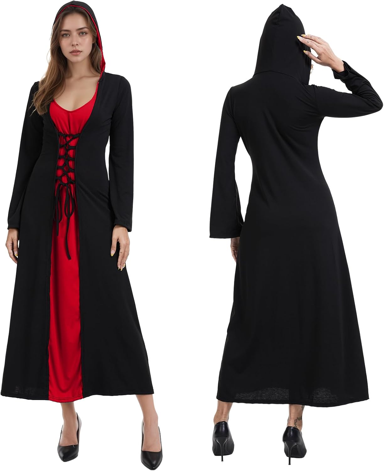 Mittelalter-Kostüm mit Kapuze für Halloween, S Schwarz und Rot