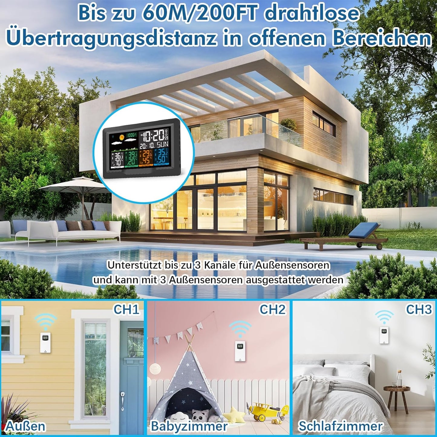 Wetterstation mit 3 Aussensensoren