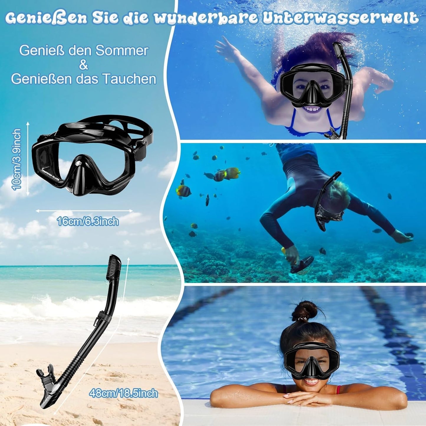 Schnorchelset mit Taucherbrille und Trockenschnorchel, Schwarz