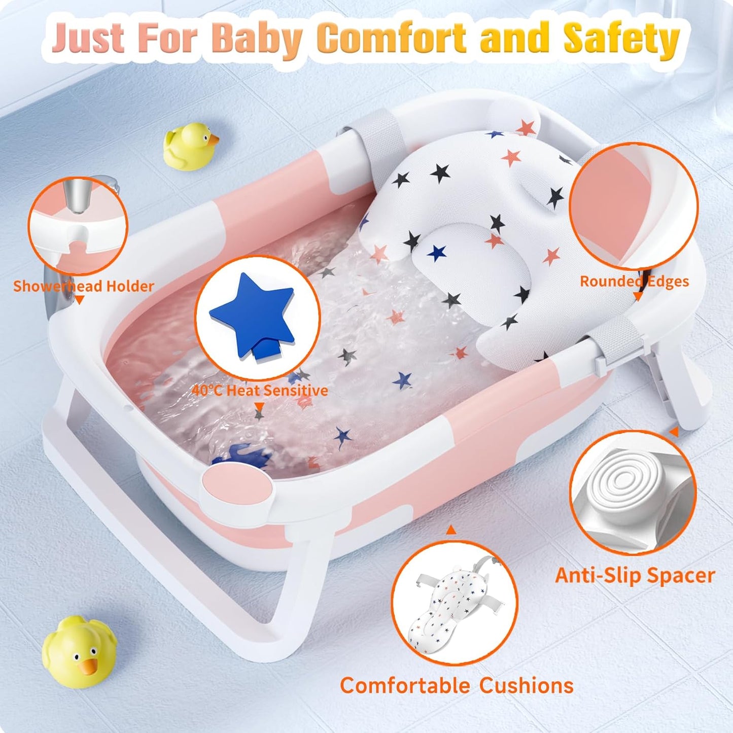 Faltbare Babybadewanne mit Rutschmatte und Abflussloch, Rosa