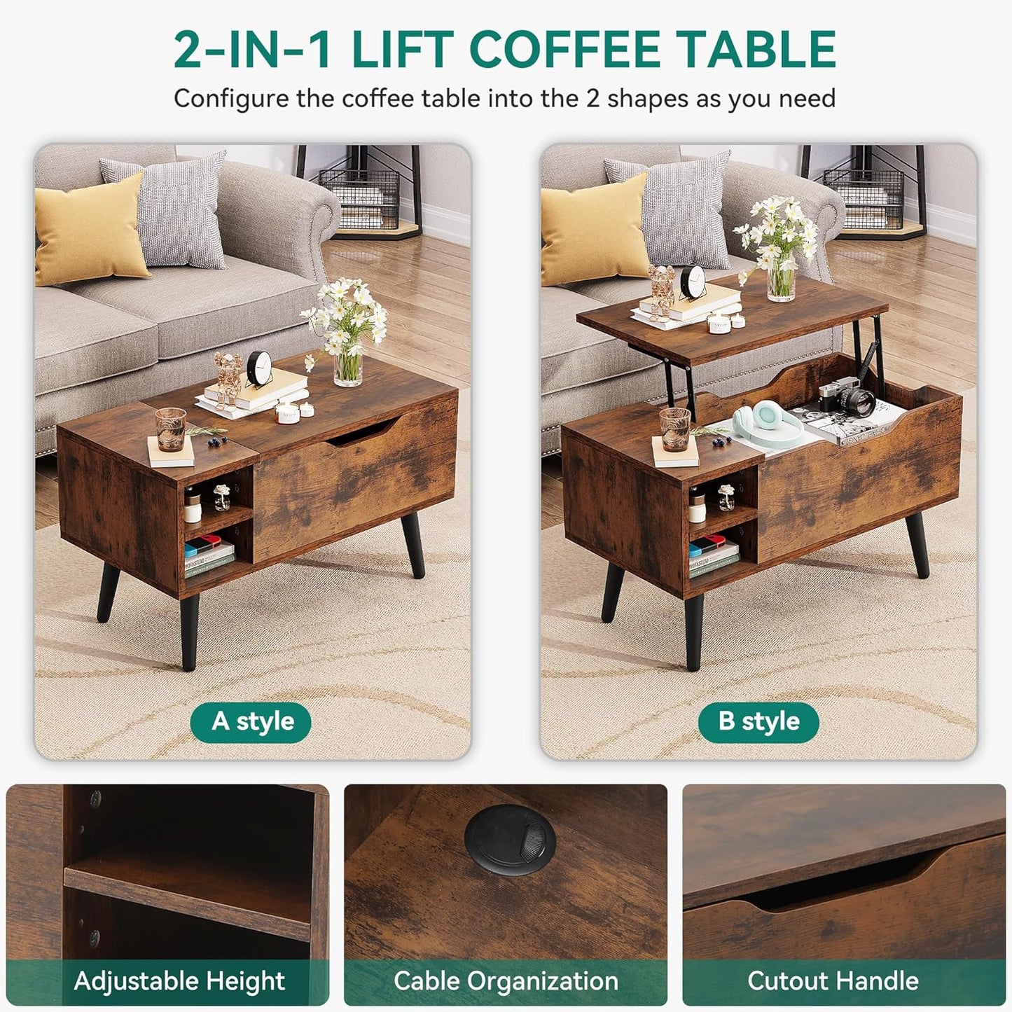 Couchtisch mit anhebbarer Platte und Stauraum, Vintage-braun