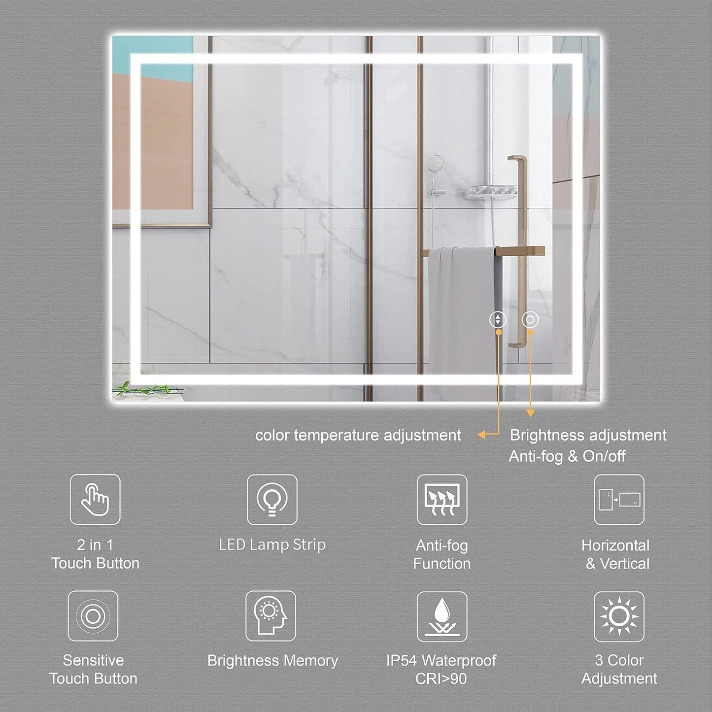 LED-Badspiegel mit Touch-Schalter (60x80 cm), Beschlagfrei + 3 Lichtfarbe + Dimmbar ; 60L x 80B cm
