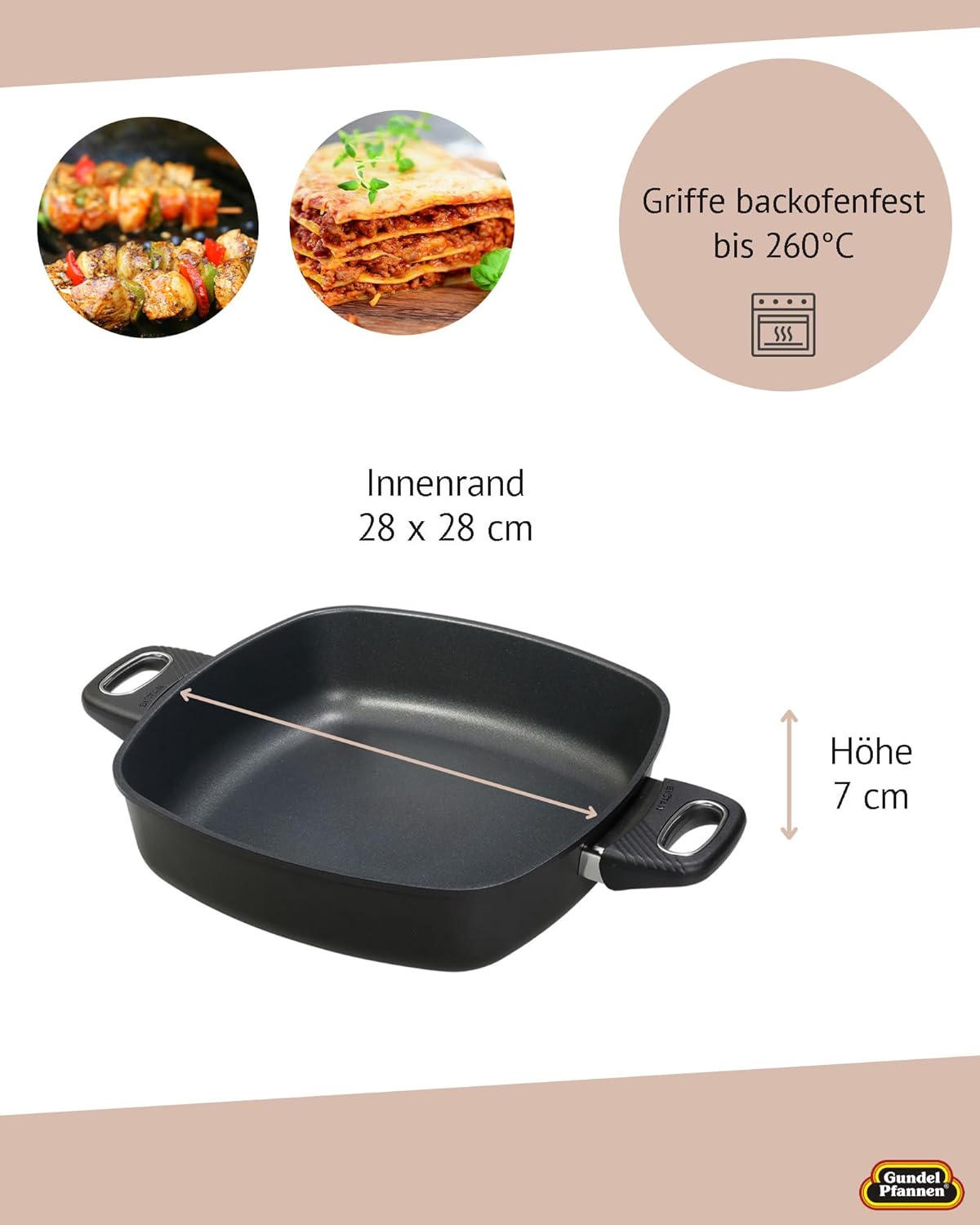 Quadrat-Kasserolle 28x28 cm für Herdarten, für Ceran-, Gas- und Elektroherd 7 cm hoch