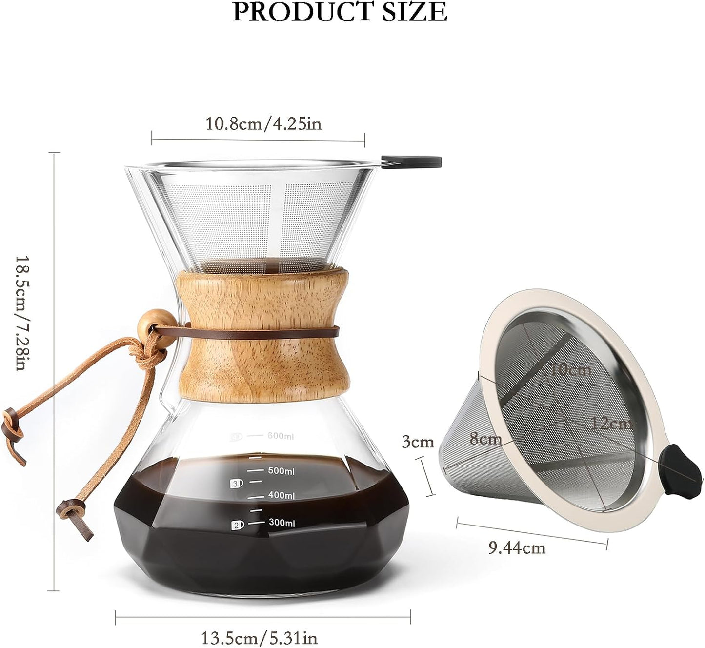 Pour Over Kaffeebereiter mit Edelstahlfilter, 600 ml (Transparent, Steel Filter)