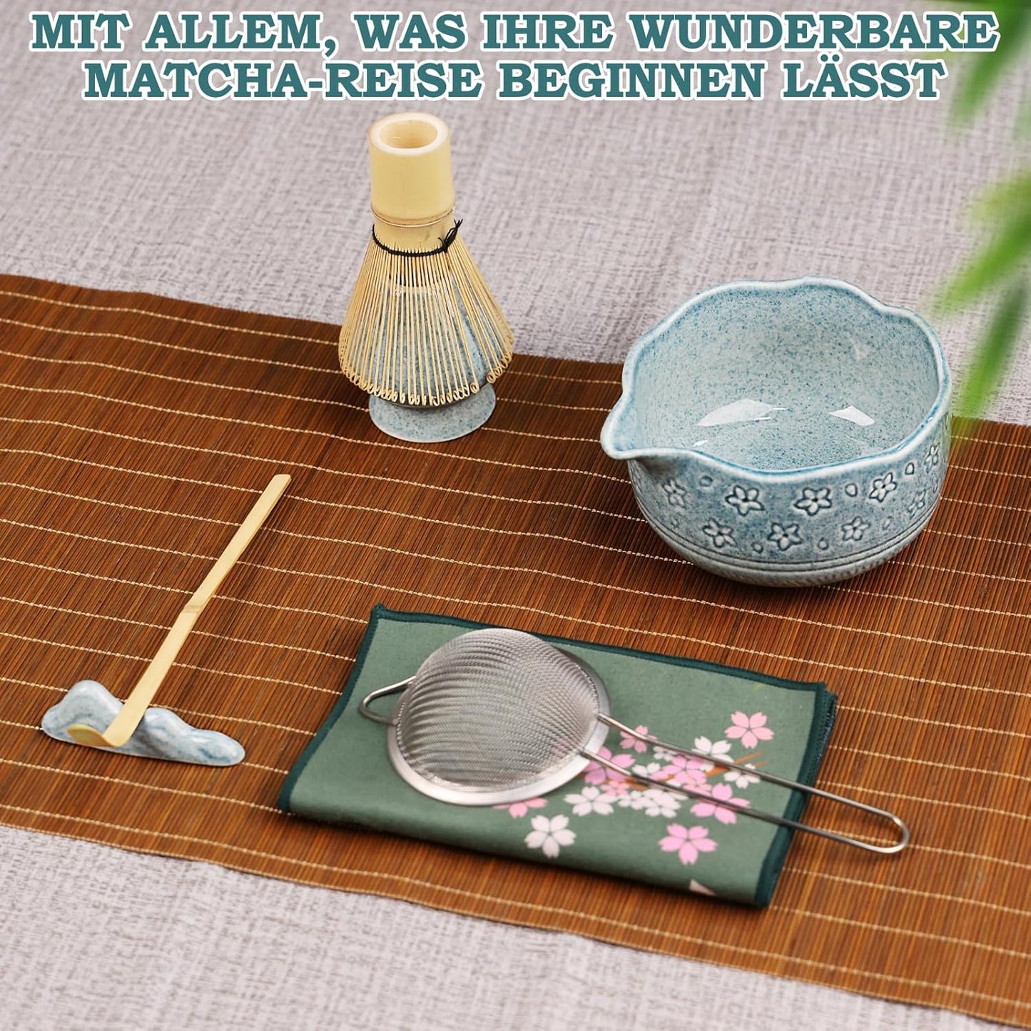 7-teiliges Matcha Tee-Set mit Bambusbesen & Zubehör, Dunkelblau