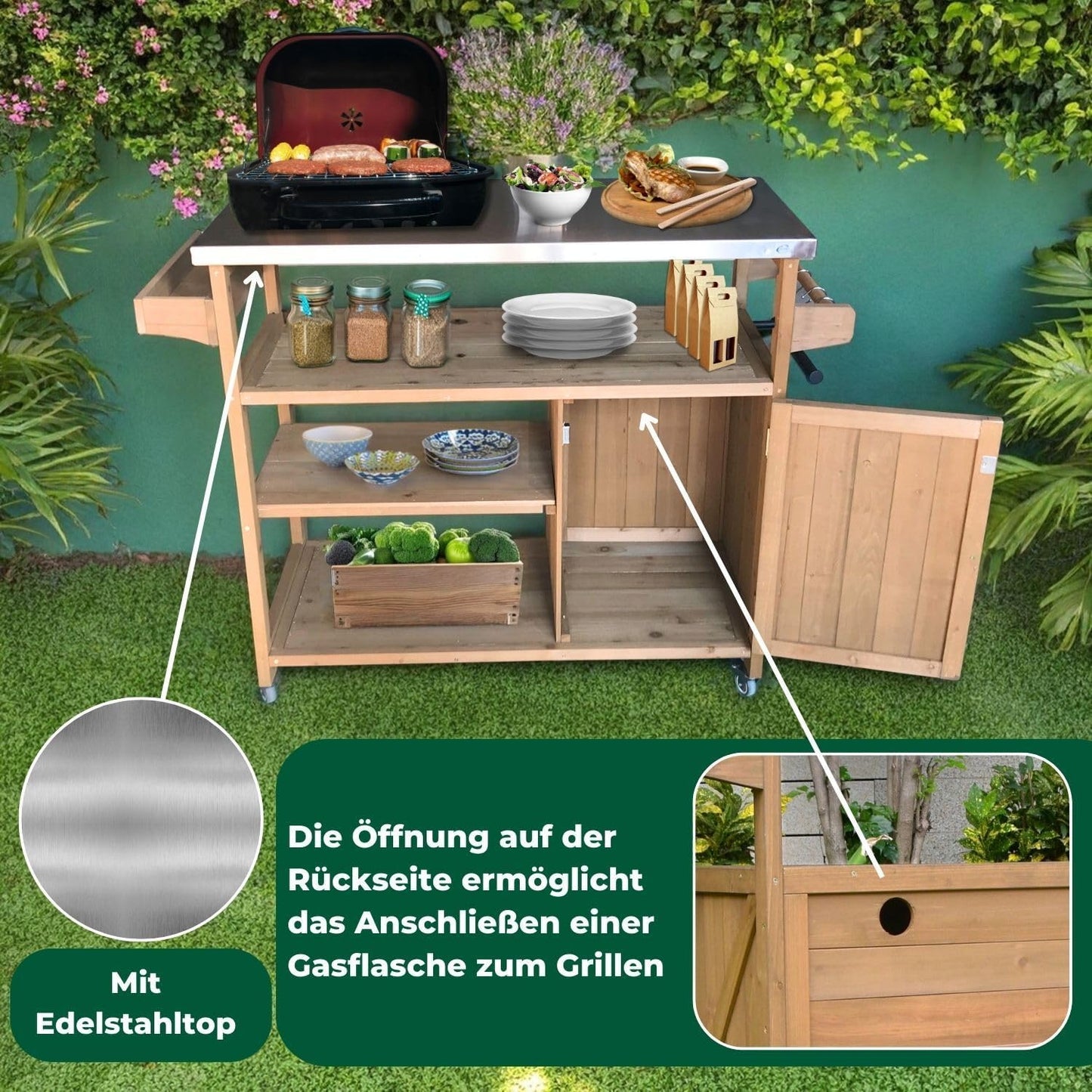 Servierwagen mit Edelstahltop, 118 x 47 x 92 cm Braun