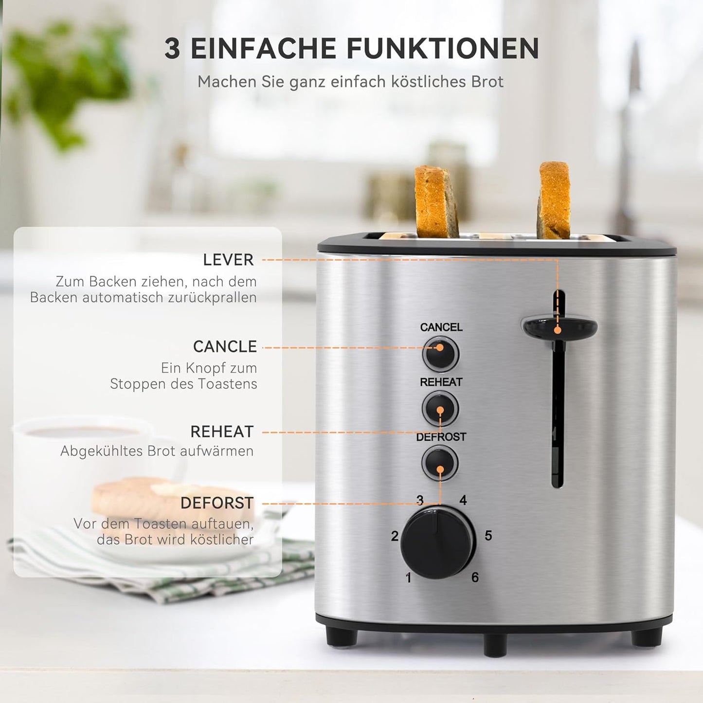 Toaster mit Brötchenaufsatz und herausnehmbarer Krümelschublade