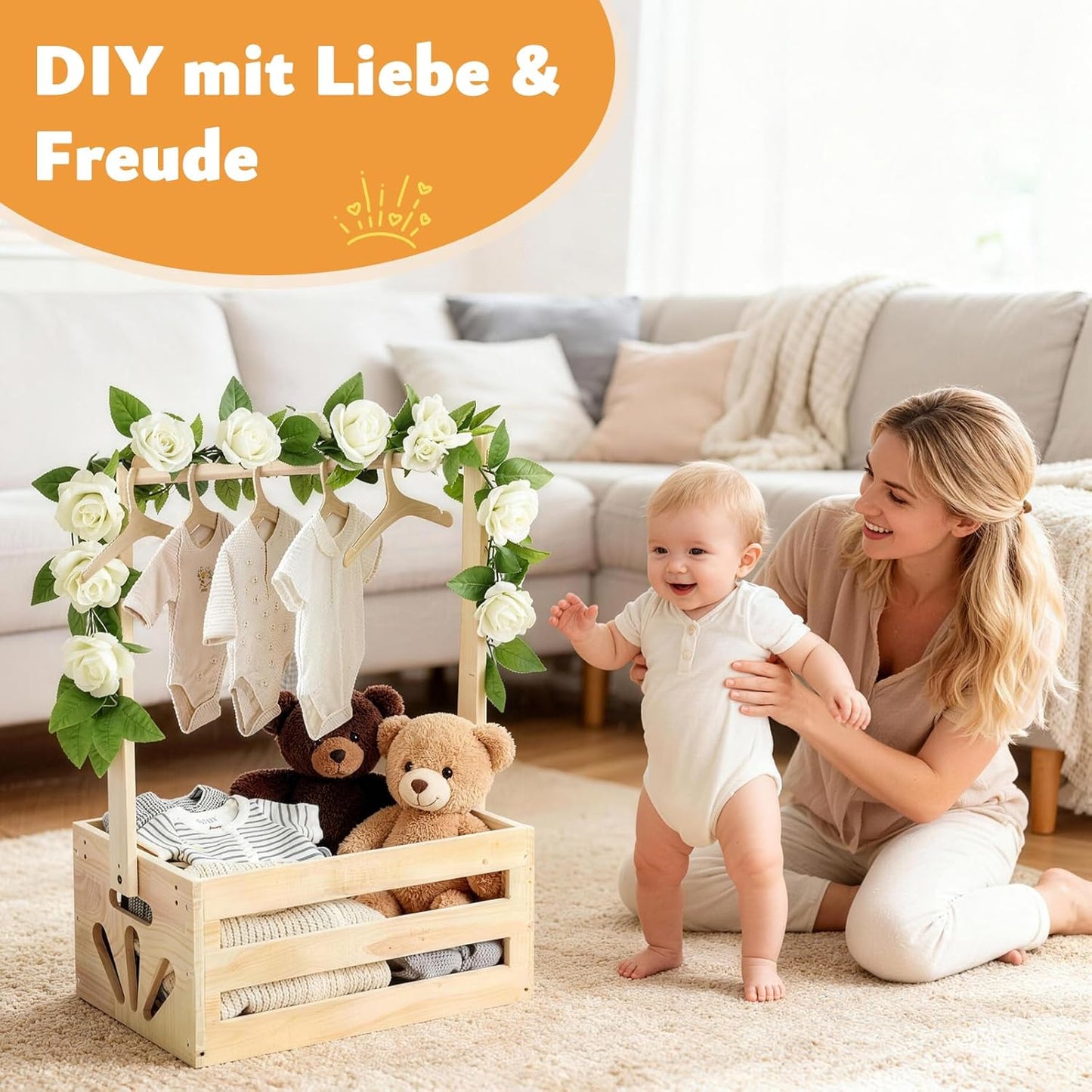 Baby-Geschenkkorb mit Kleiderstange, Kleiderbügel & Girlande