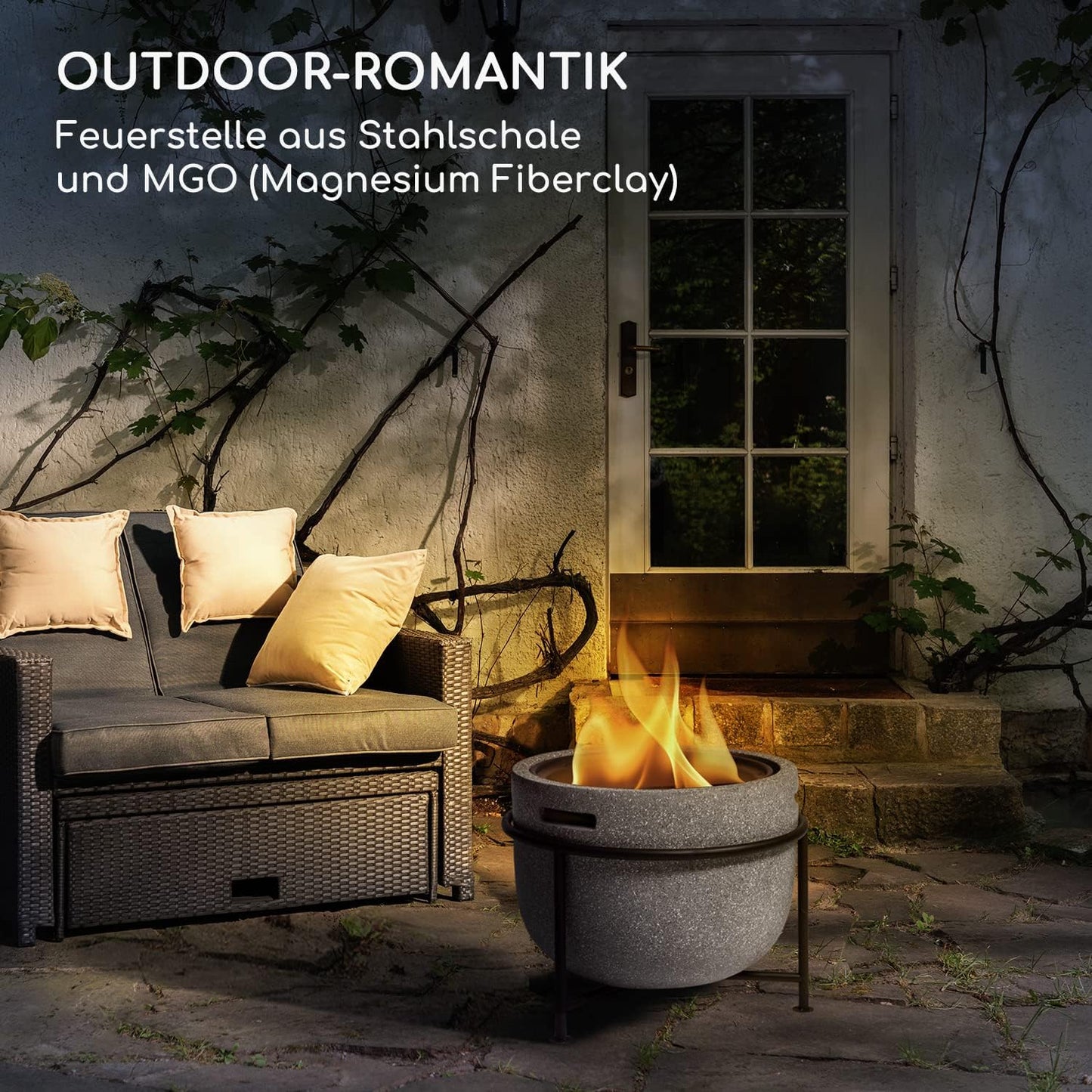 Tragbare Feuerschale mit Grillrost & Holzlagerfach, Grail Grau