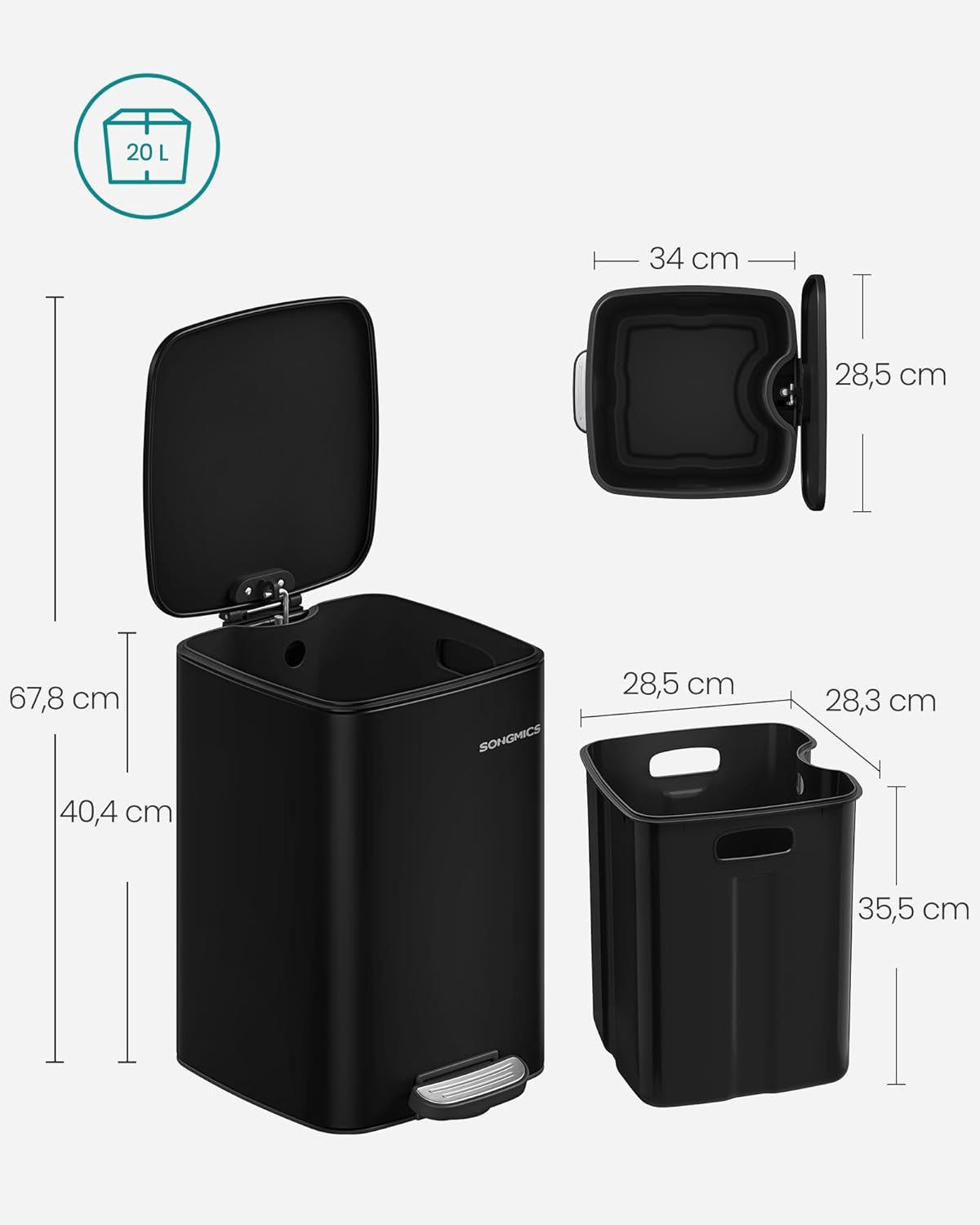 Tretmülleimer mit Inneneimer und Softclose, tintenschwarz 20 L