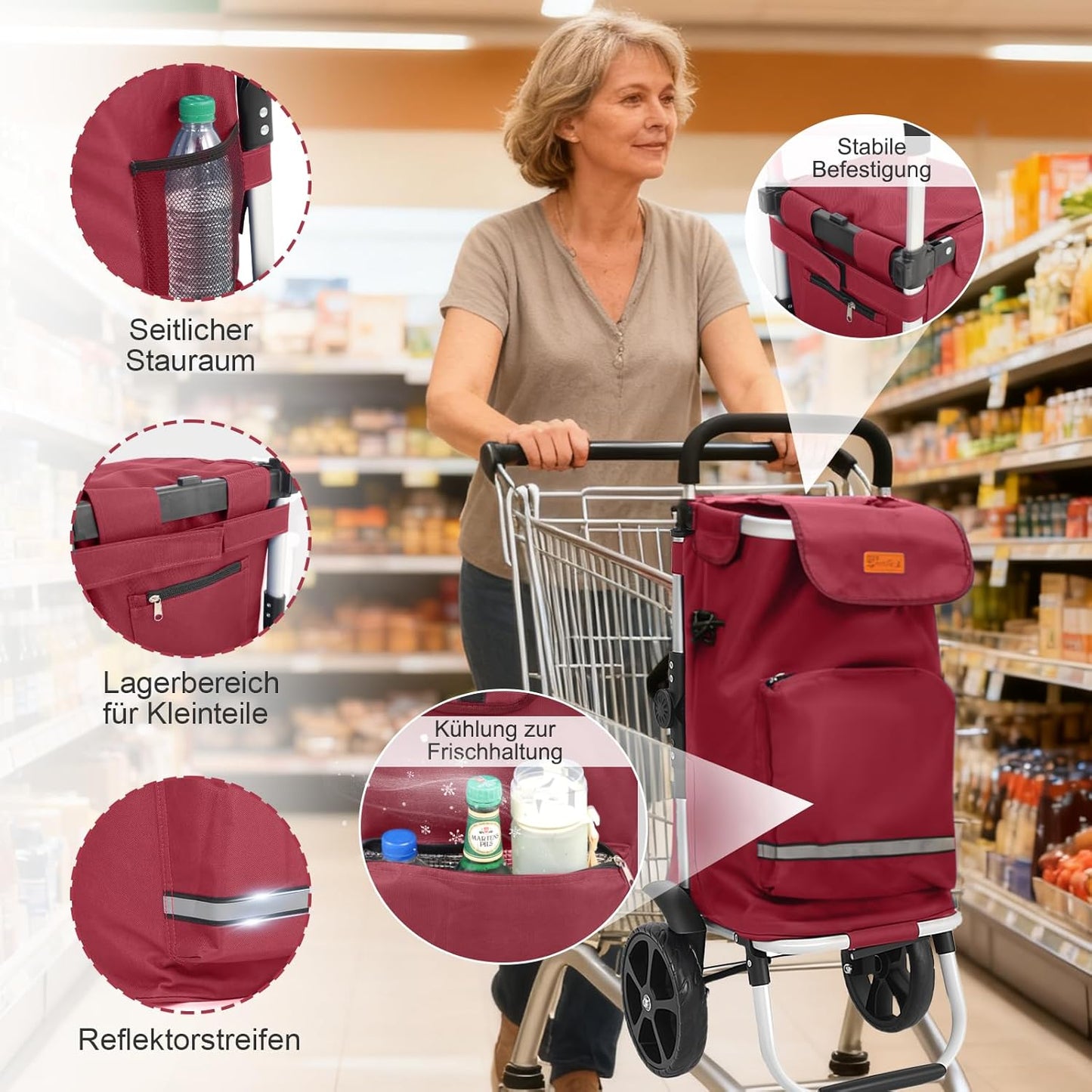 Klappbarer Einkaufstrolley mit Kühlfach, Rot