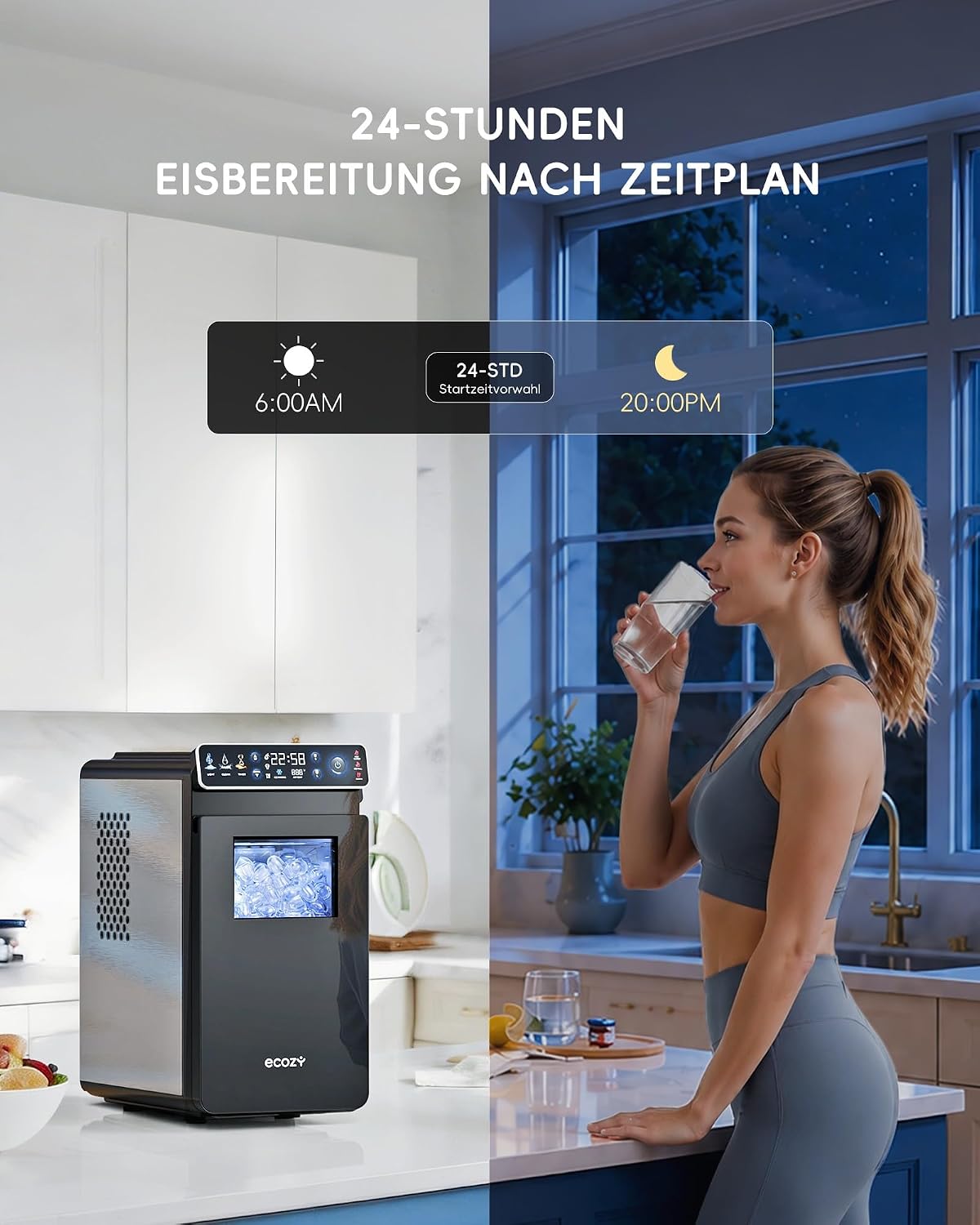 Tragbare Eiswürfelmaschine mit Timer und Reinigung, Schwarz