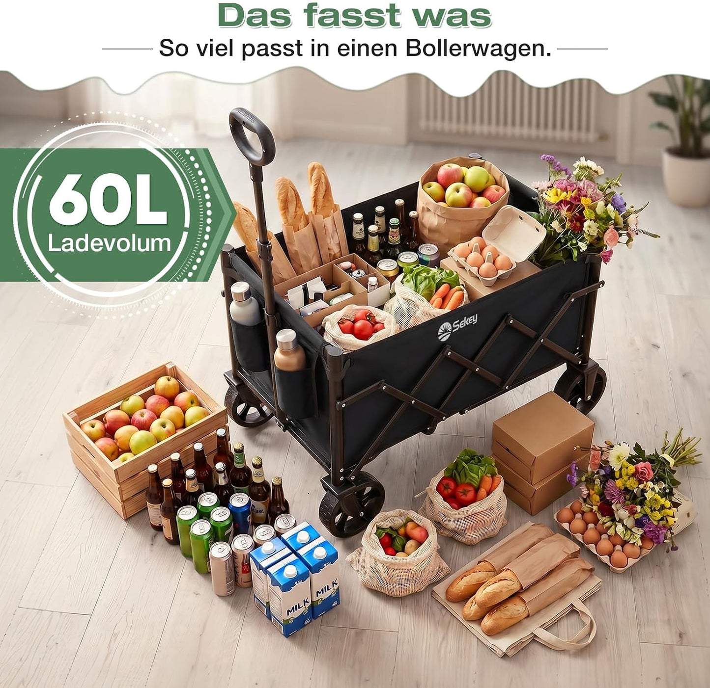 Faltbarer Bollerwagen mit verstellbarem Griff, Schwarz 60L