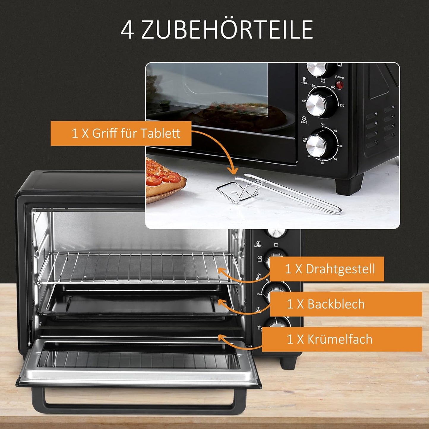 Mini-Backofen mit Timer und 3 Kochmodi, Schwarz