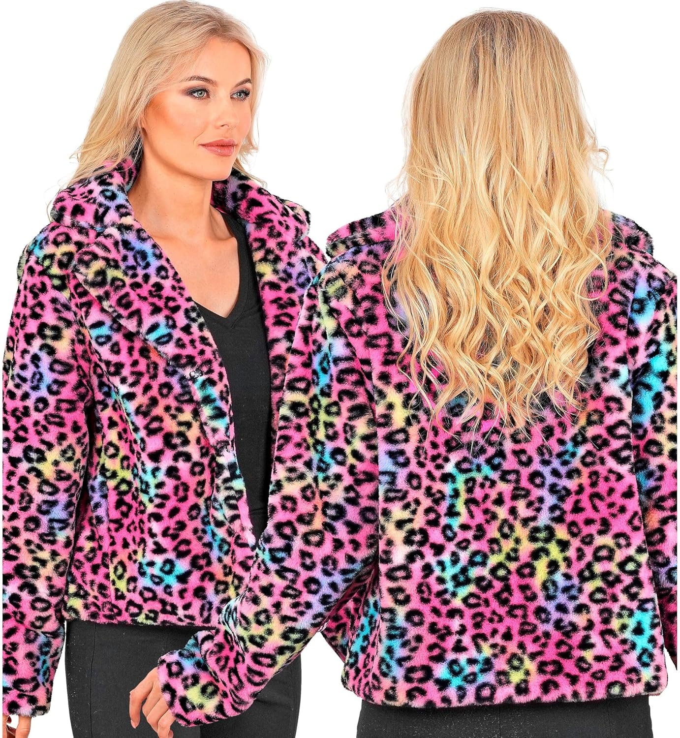 Bunte Animalier Plüschjacke, Bunt - Leopardenmuster L-XL