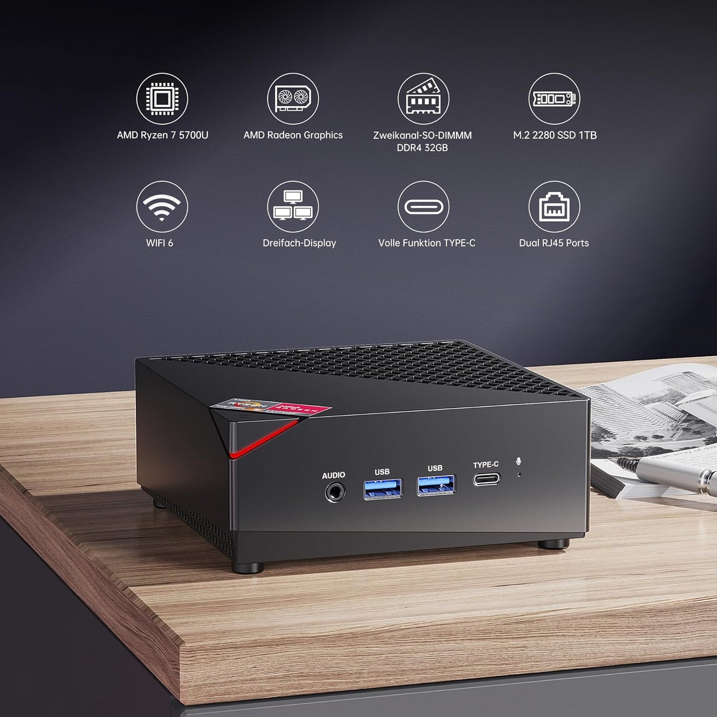 AM06 Pro Mini PC mit Ryzen 7 und 4K Unterstützung, AMD R7 5700U 32GB DDR4/1TB M.2 SSD
