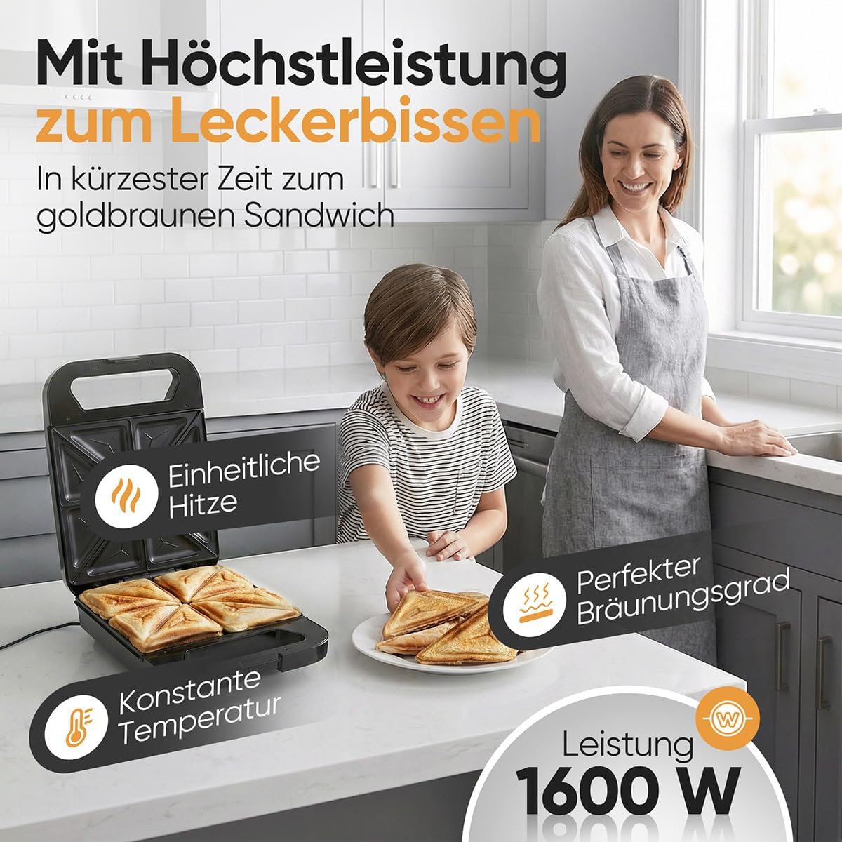 Sandwichmaker für 4 Sandwiches mit Antihaft-Platten, Schwarz