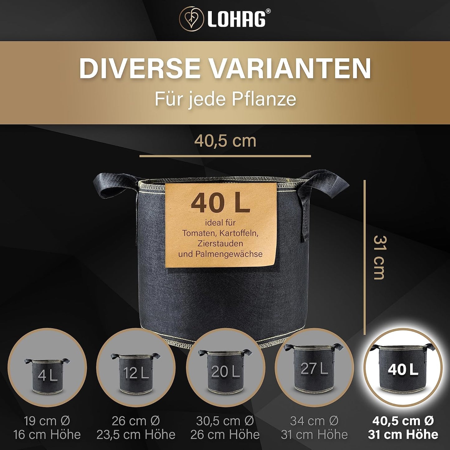 3er-Set Pflanzsack, 40 Liter, 10 Gallonen 3er Pack