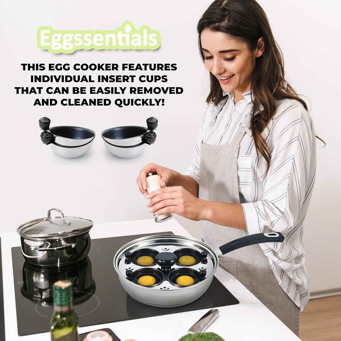 Edelstahl Eierkocher mit 4 Pochierbechern, 4 Cup Egg Poacher with Silicone Handle