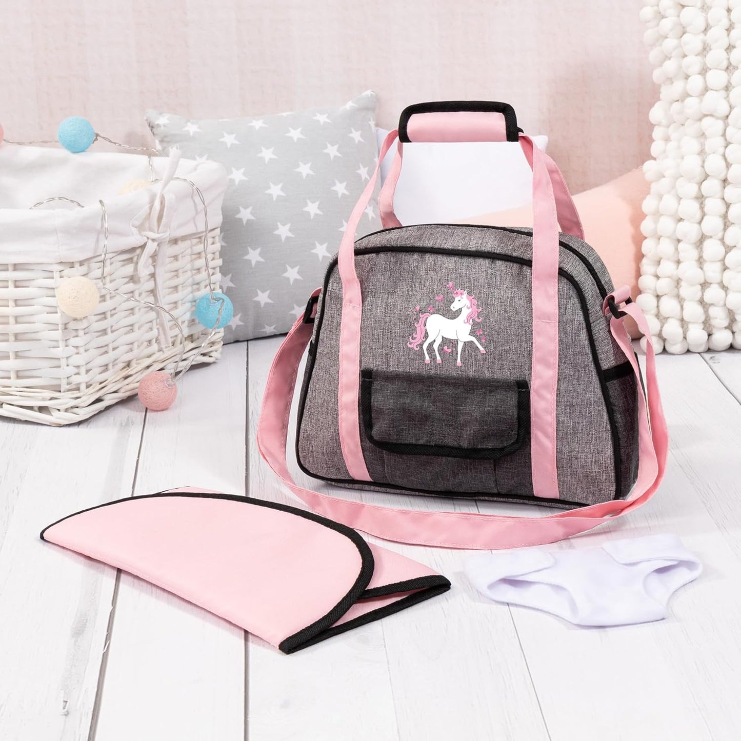 Wickeltasche für Puppen mit Zubehör-Set, Jeans-Grau, rosa, Wickeltasche