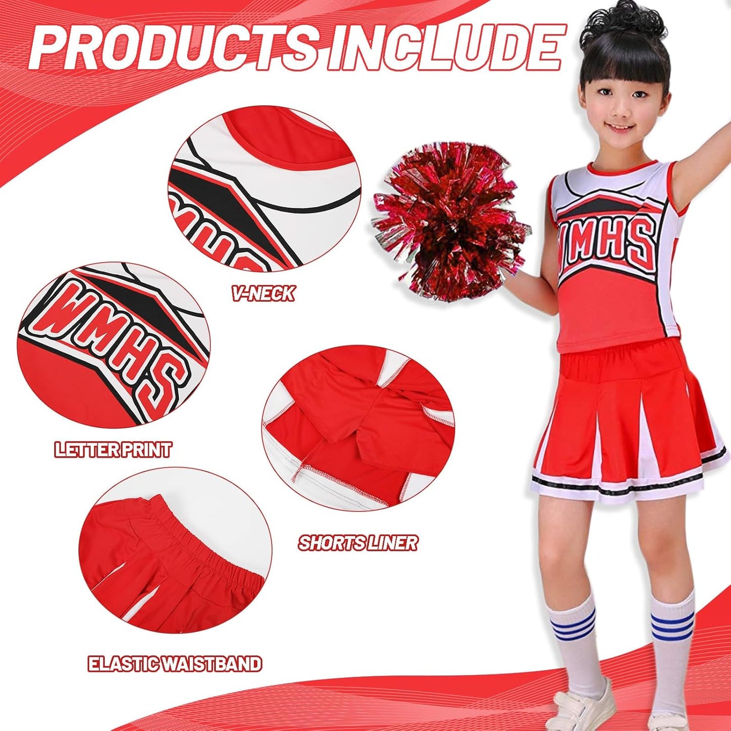 Cheerleader-Kostüm für Mädchen inkl. Pom Poms, Rot 5-6 Jahre