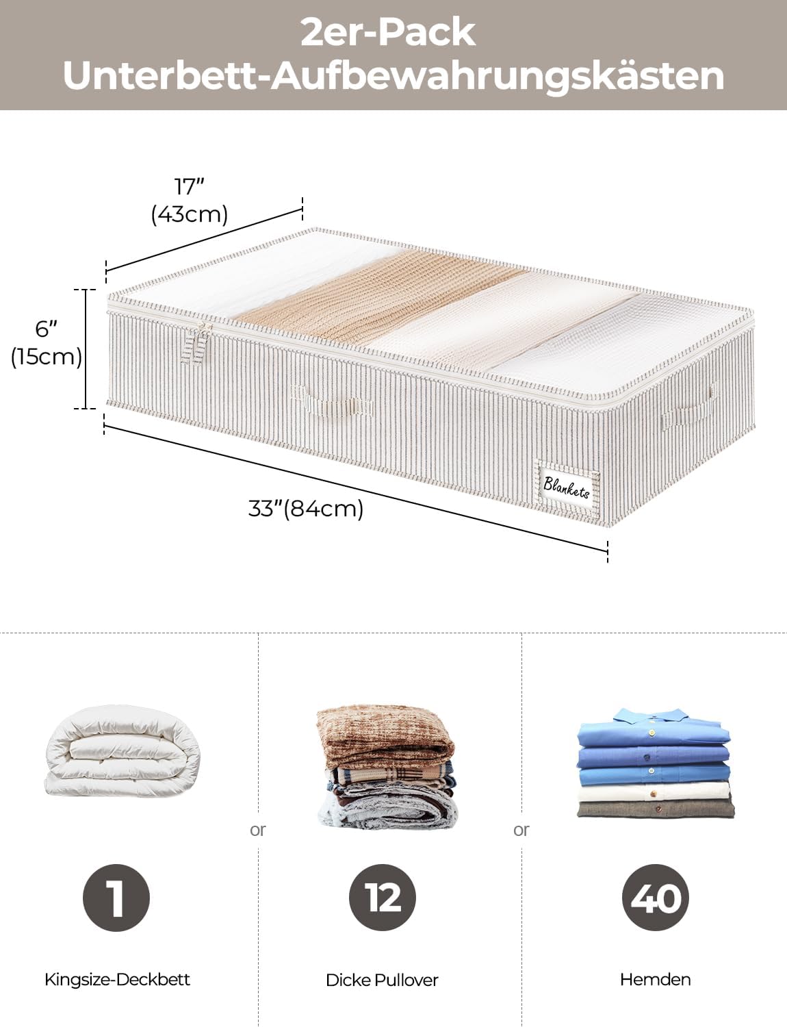 Unterbett Aufbewahrungsboxen-Set (2 Stück, faltbar), 84 x 43 x 15 cm Graue und Weisse Streifen