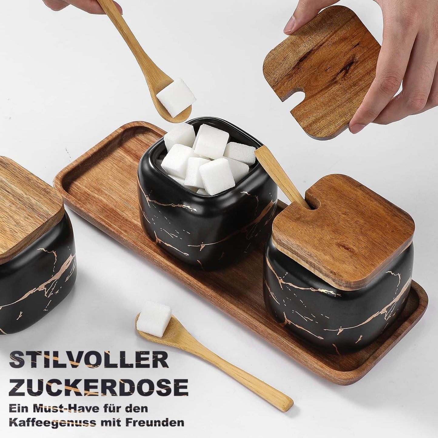 3-teiliges Zuckerdosen-Set mit Löffeln, Schwarzes