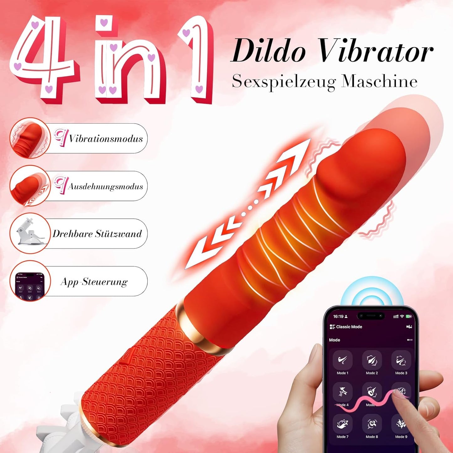 Sexmaschine mit 9 Stossfunktionen und Saugnapf und abnehmbarem Dildo