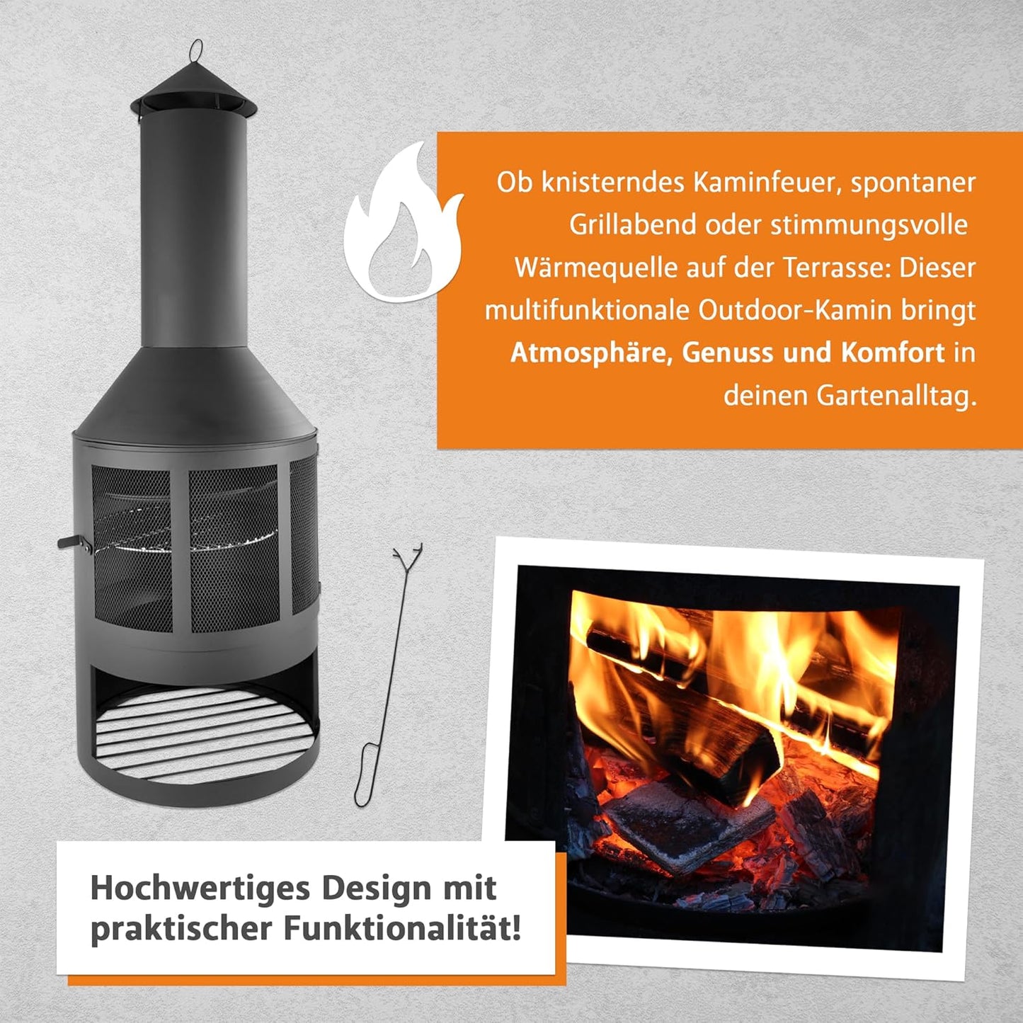 Gartenkamin mit Grillrost und Funkenschutztür