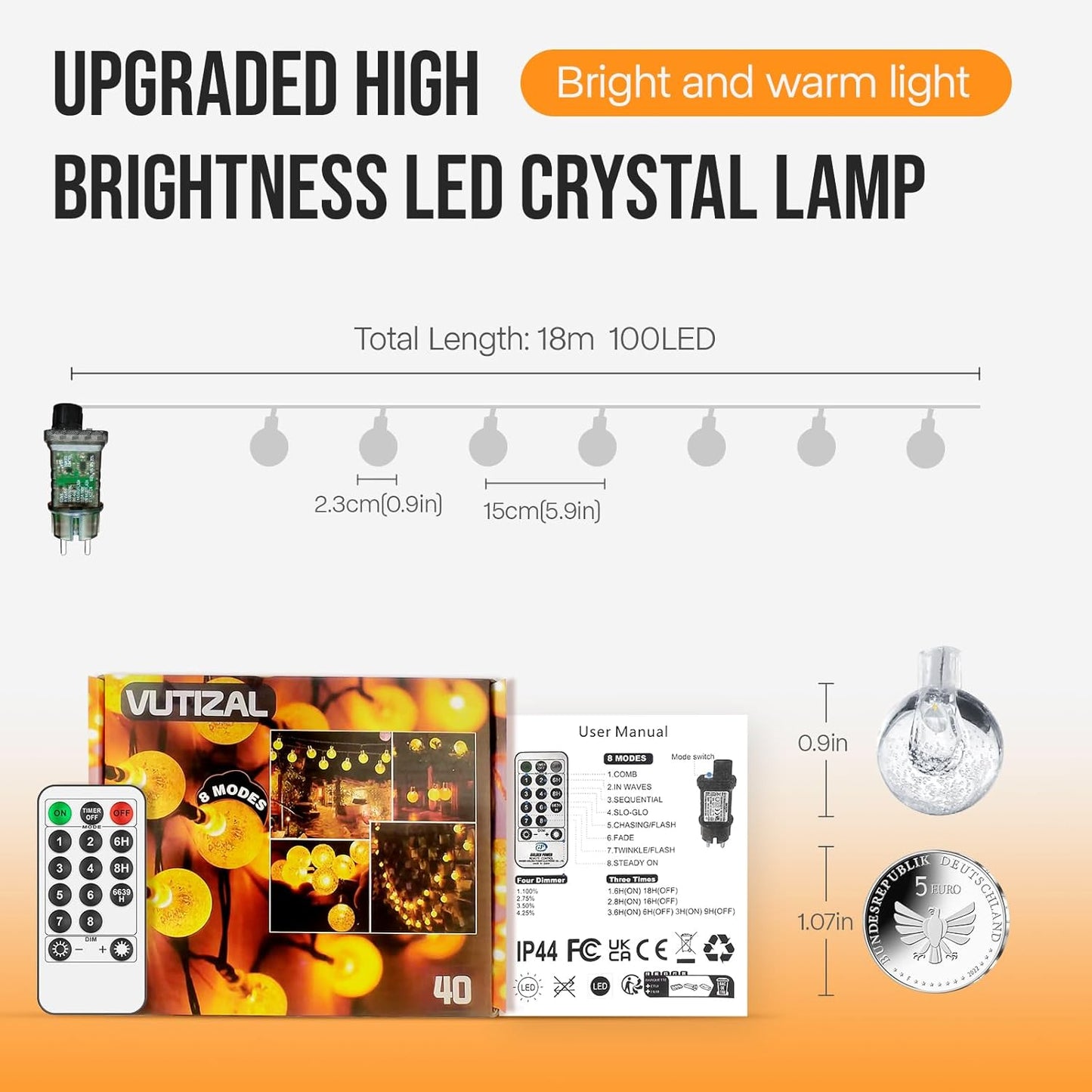 LED Lichterkette mit 8 Modi, 18m(100 Led) - Warmweiss - Innen/Aussen