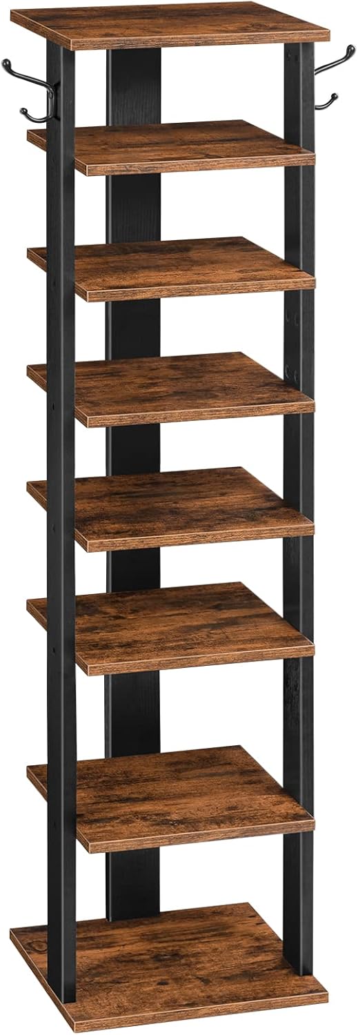 8-lagiges Schuhregal mit Haken, EBF07XJ01G1, 28 x 28 x 113 cm Dunkelbraun + Schwarz