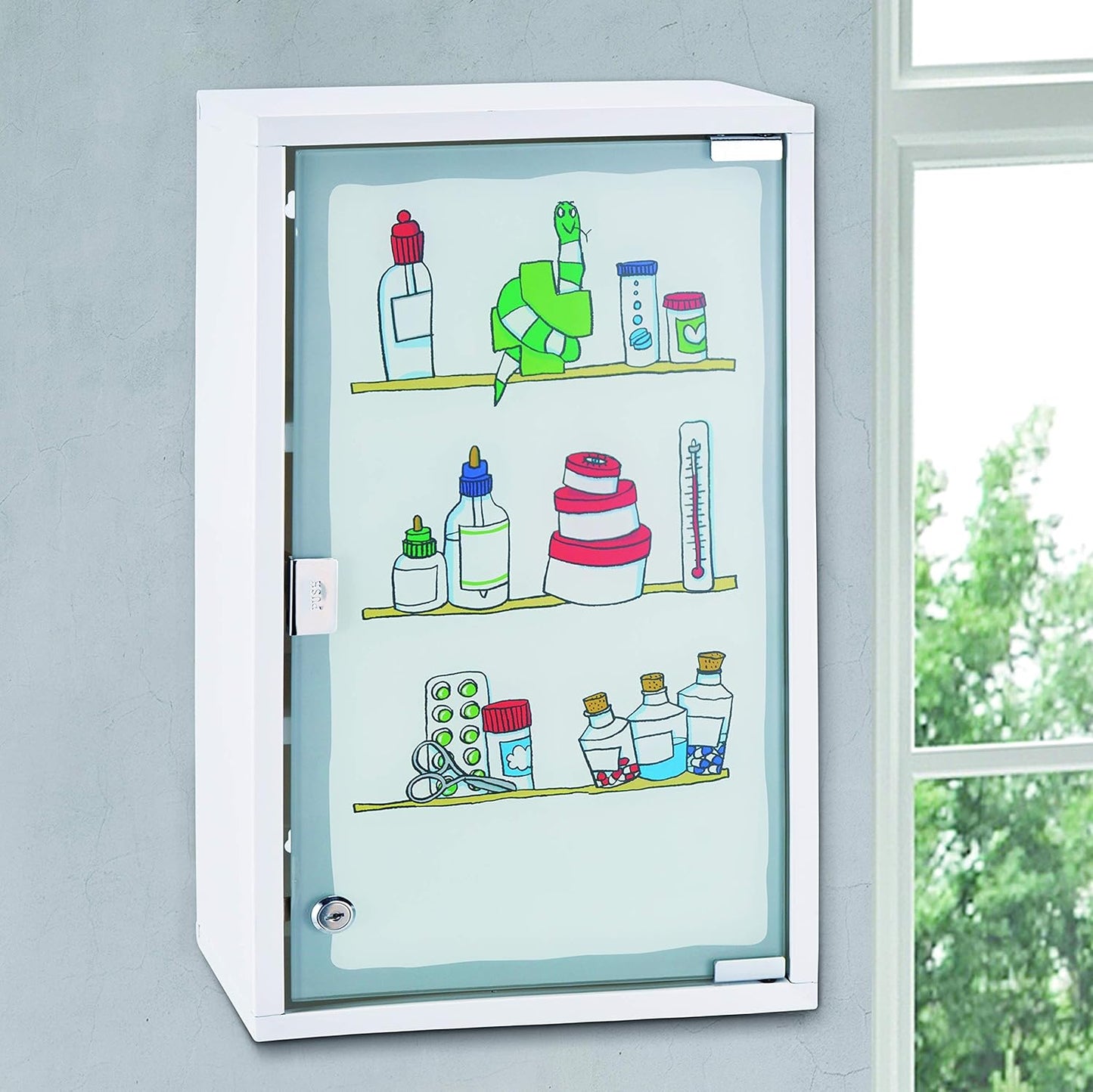 Abschliessbarer, bedruckter Medizinschrank mit Glastür, Medikamente