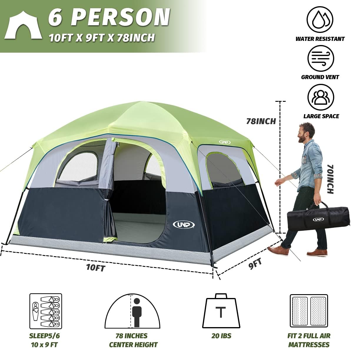 Familien-Campingzelt für 6 Personen, wasserdicht, NeongrüN