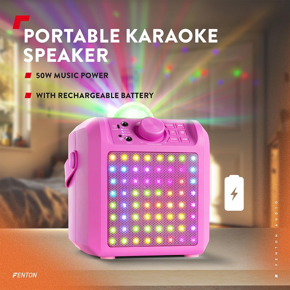 Karaoke-Musikbox mit Mikrofonen und LED-Licht, Pink + Disco Kugel
