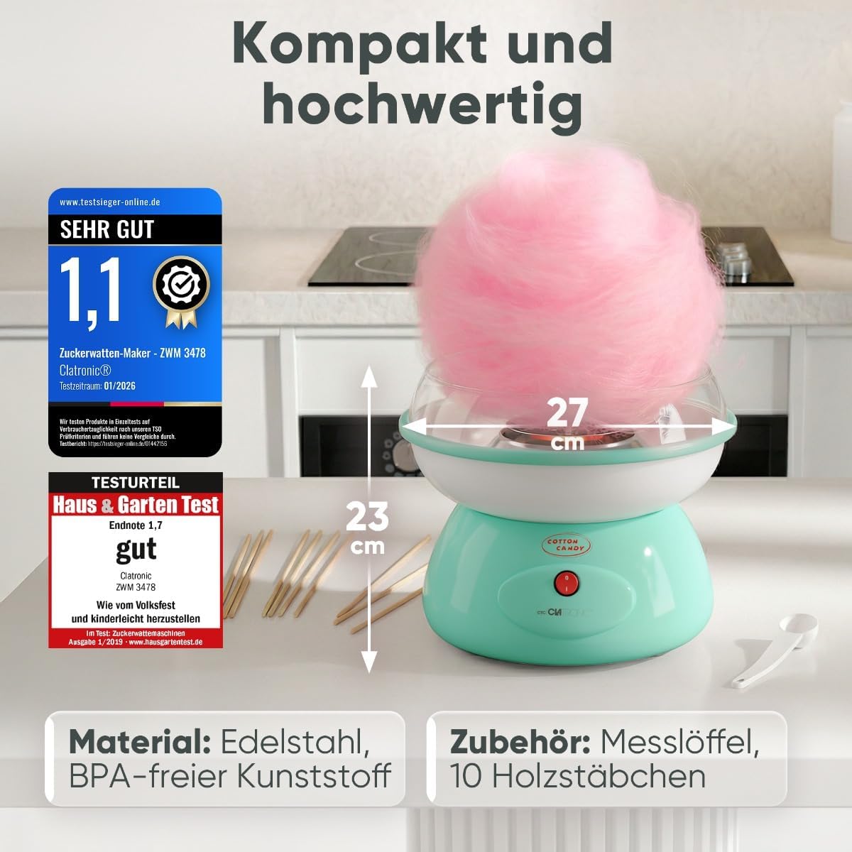 Zuckerwattemaschine ZWM 3478 mit Zubehör, Mint