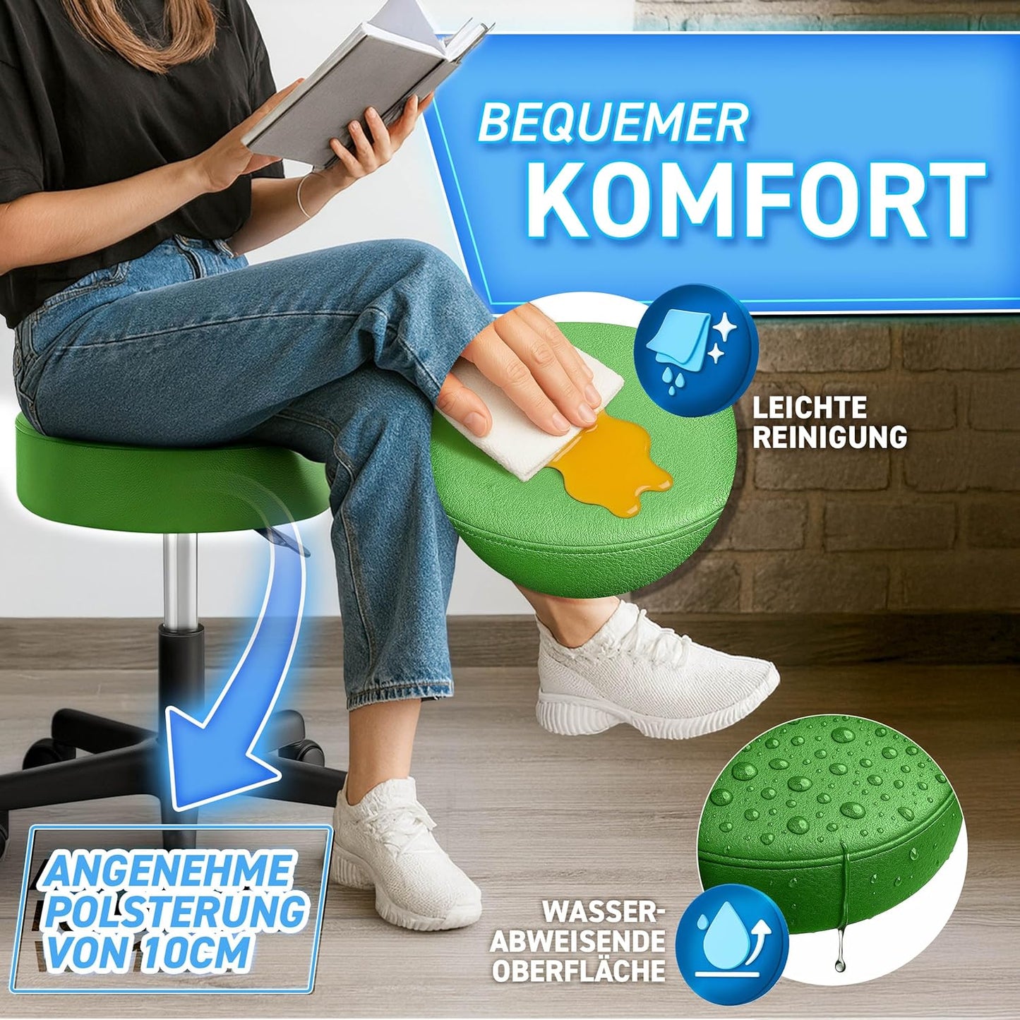 Höhenverstellbarer Rollhocker, Grün