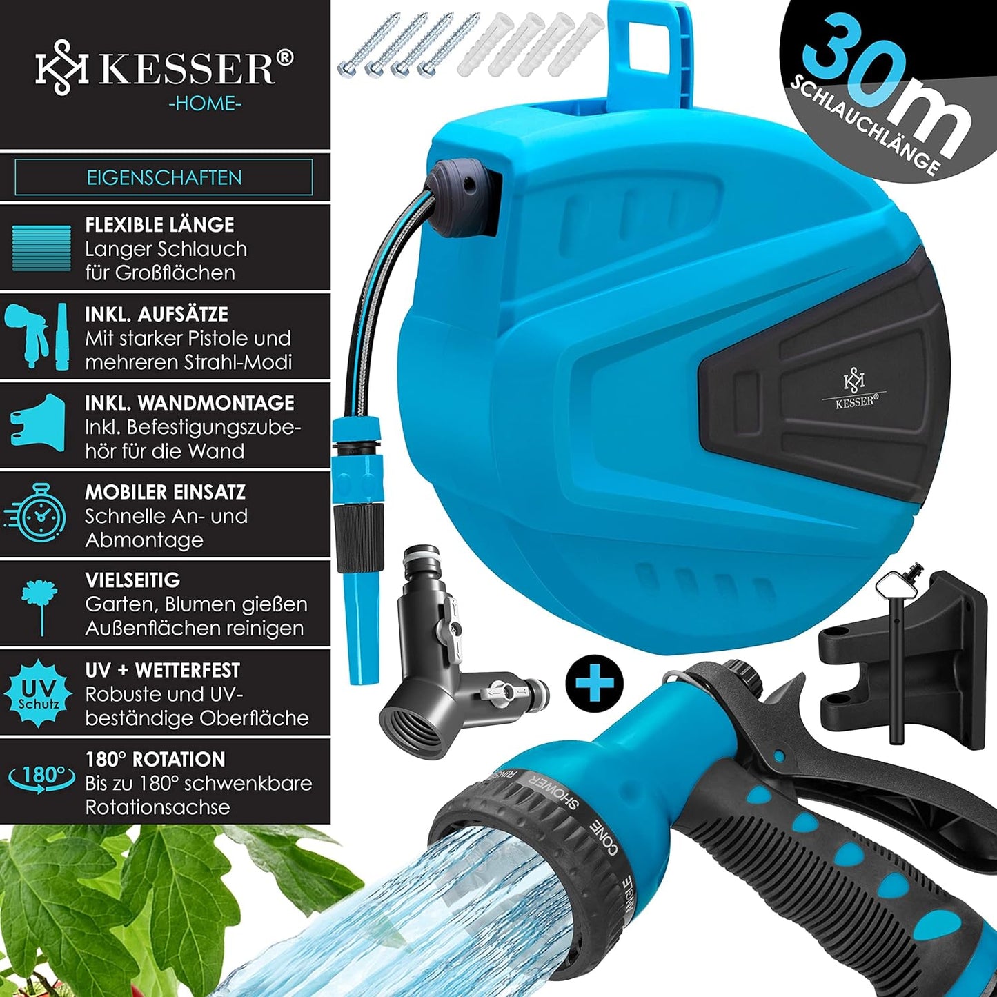 Automatik-Schlauchaufroller mit 30 m Schlauch, 30 Meter ; Blau