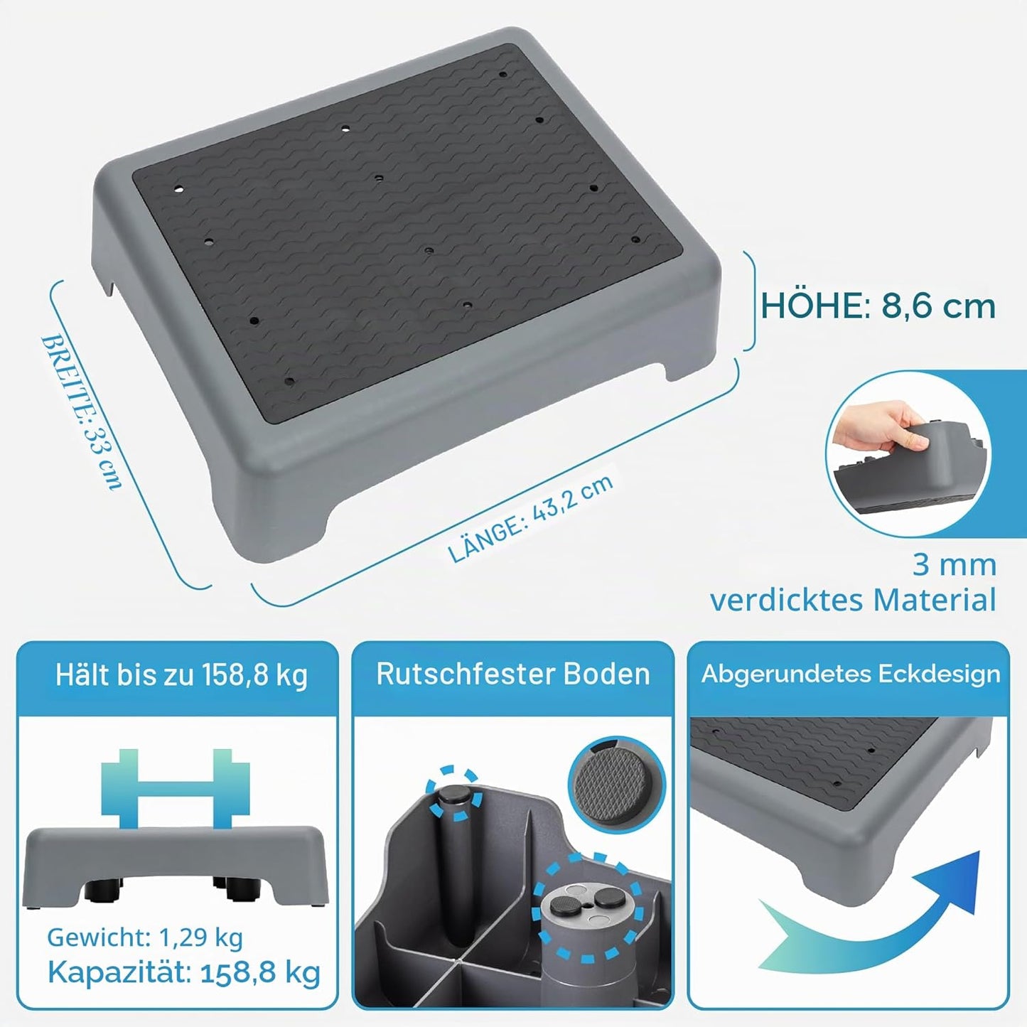 Rutschfester Ein-Stufen-Hocker, Grey, Black