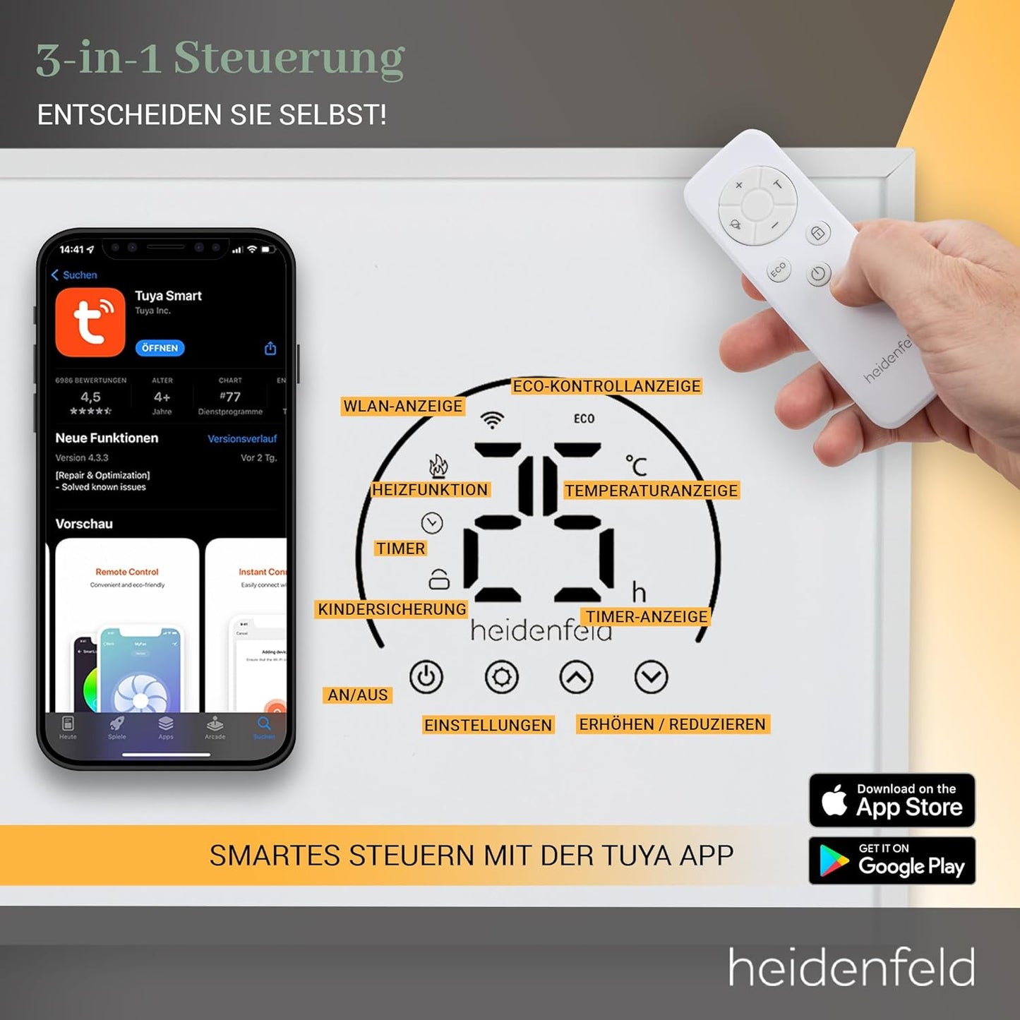Infrarotheizung HF-HP140 mit 3in1 Steuerung via App, Fernbedienung, Touch-Bedienfeld, Hf-hp140 800 Watt