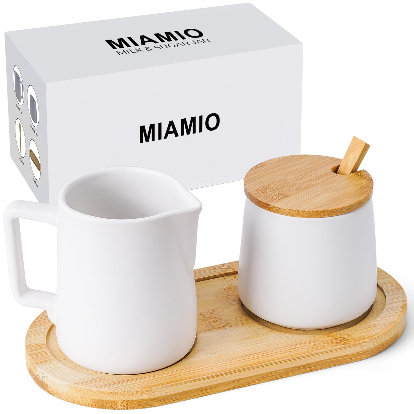Milch- und Zucker-Set mit Holztablett, Weiss