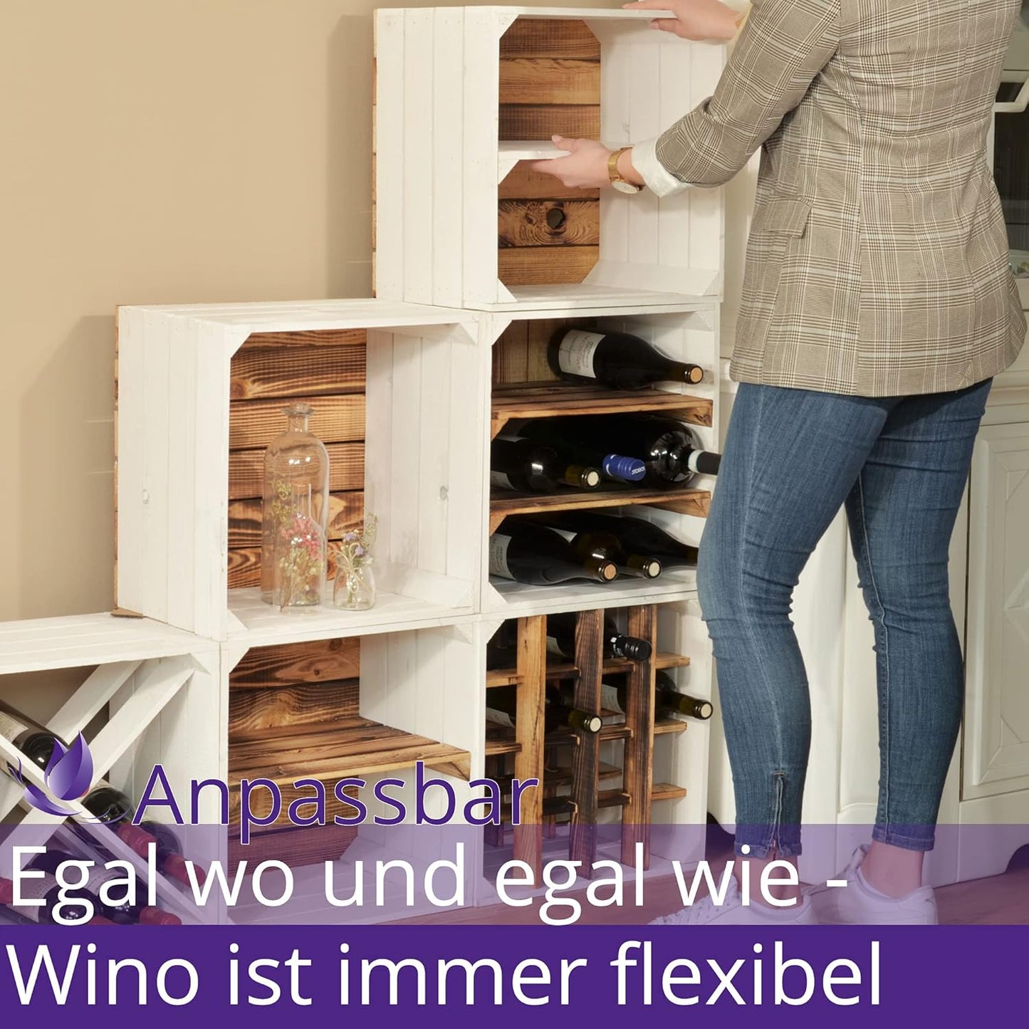 3er-Set Weinregal Wino aus Holzkiste, 3 + Geflammt Regal