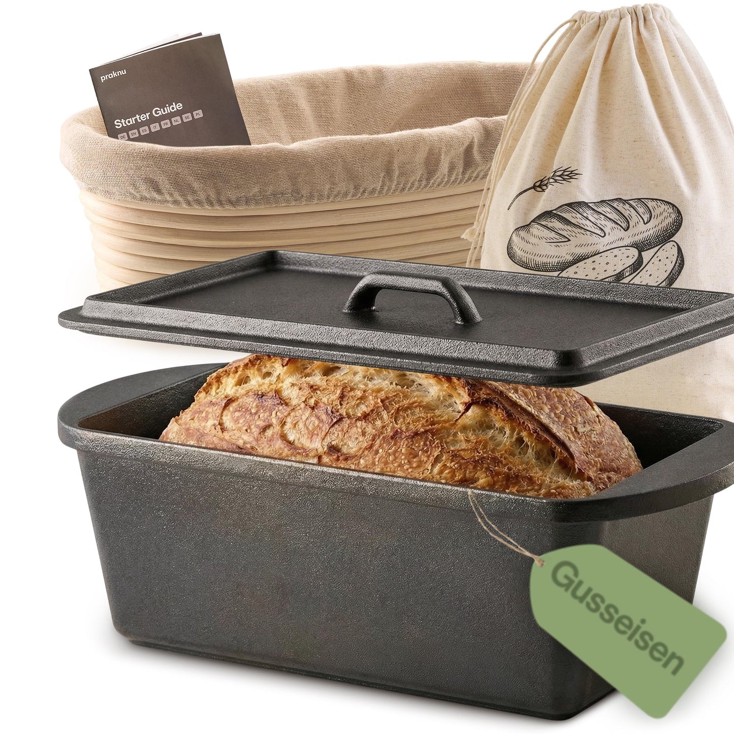 Brotbacktopf-Set mit Gärkorb und Beutel, Rechteckig 3 L