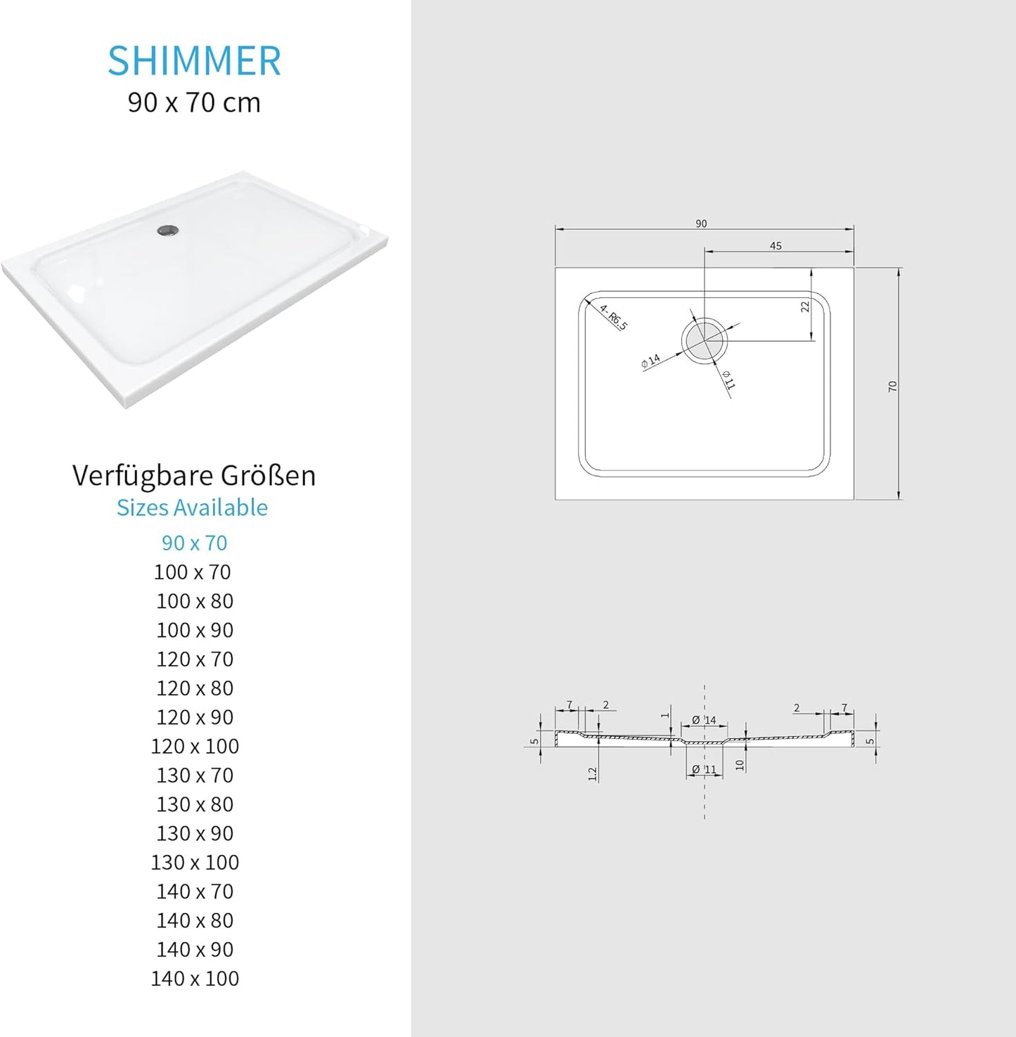 Extra flache Duschwanne 70x90 cm mit Siphon, 70x90 cm