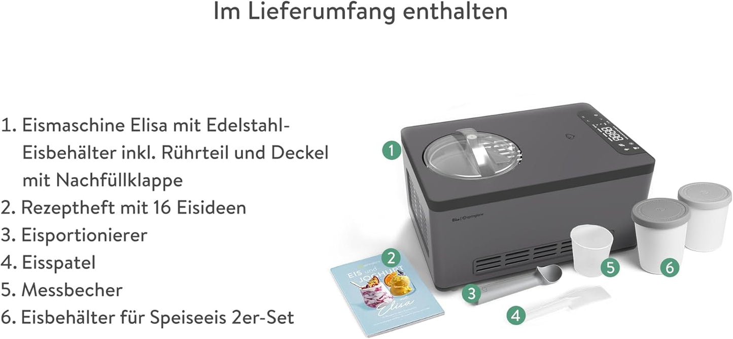 Eismaschine und Joghurtbereiter Elisa, Elisa Anthrazit + 2 Eisbehälter Grau